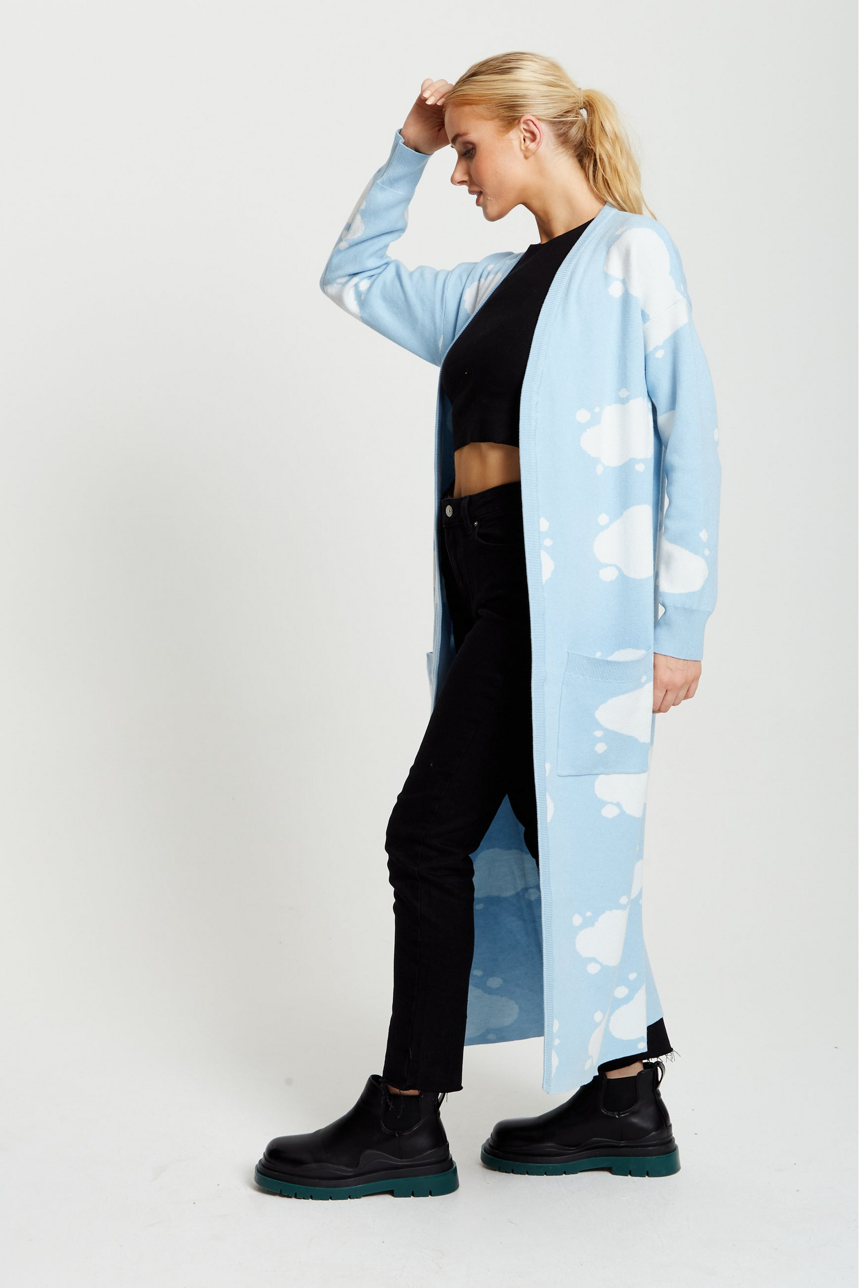 Cloud Pattern Longline Cardigan In Light Blue A2-LIQ21-157