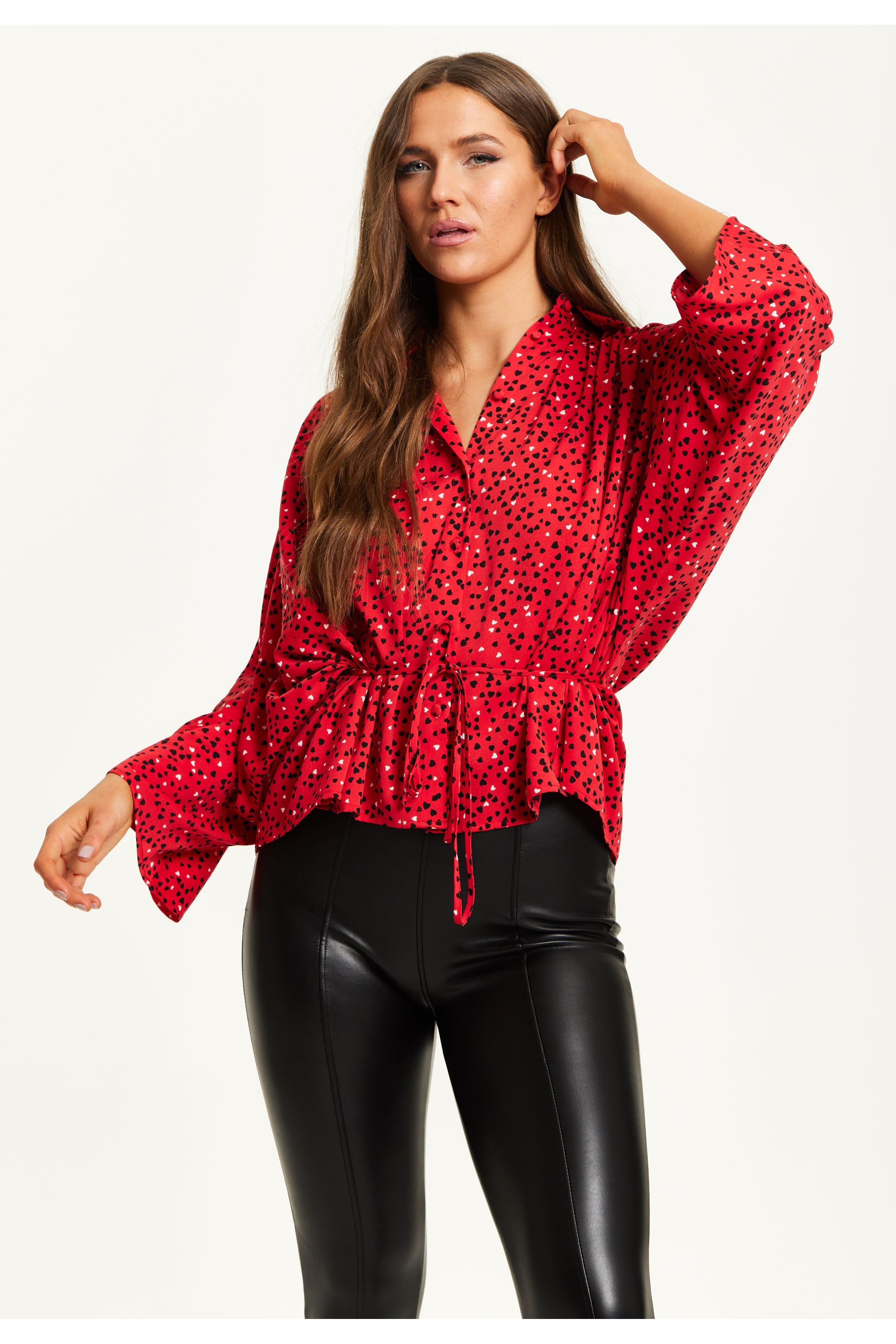 Heart Print Shirt With Long Sleeves And Tie Waist G6-226-LIQTRAN22-005-1