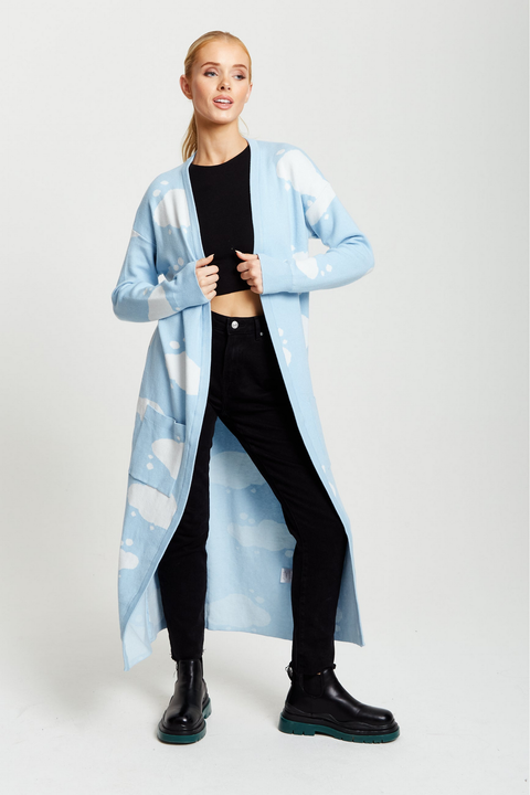 Cloud Pattern Longline Cardigan In Light Blue by Liquorish