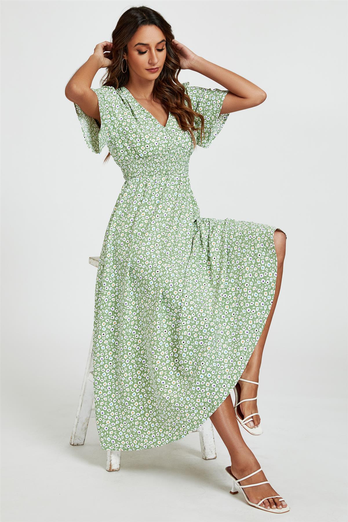 Multi Floral Print V Neck Midi Dress In Green FS763-GMF