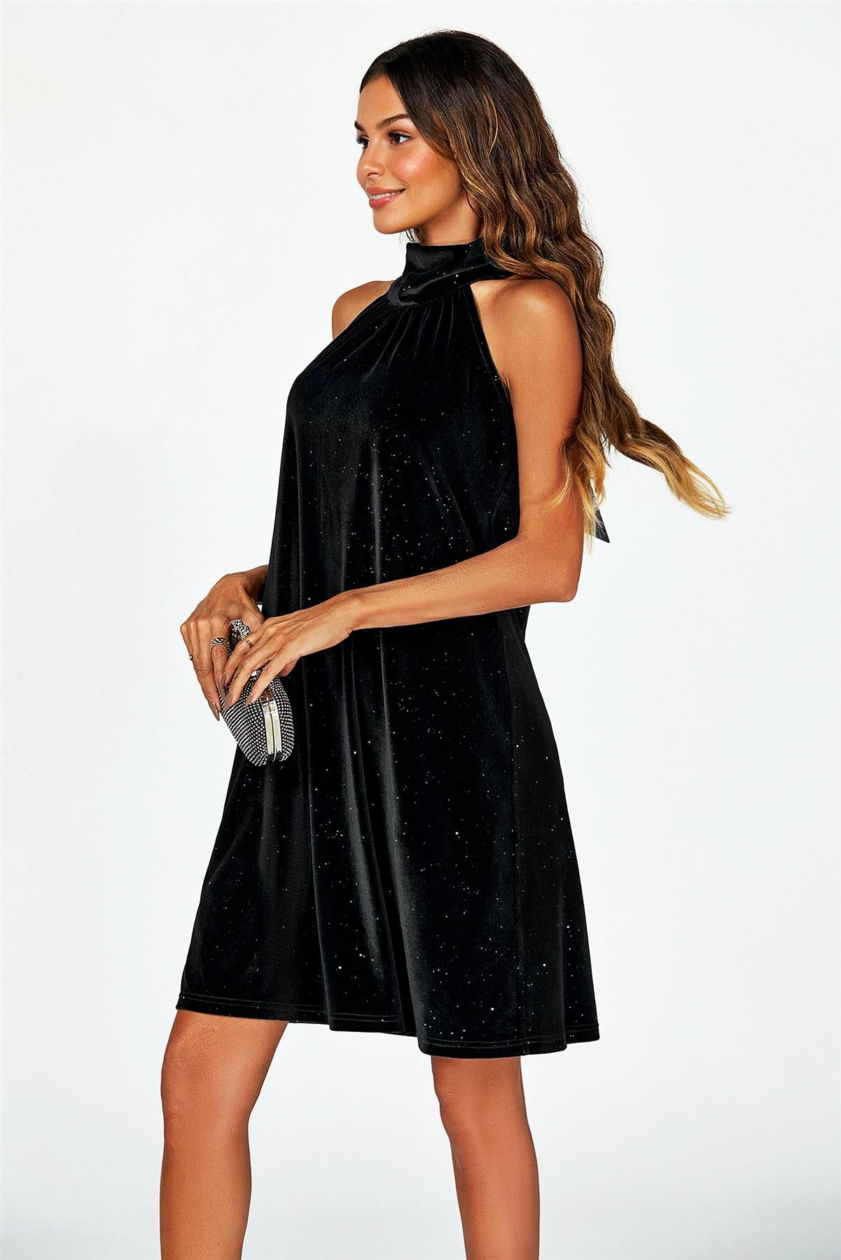 Silver Foil Velvet Halter Neck Tie Back Mini Dress In Black FS455-VBS
