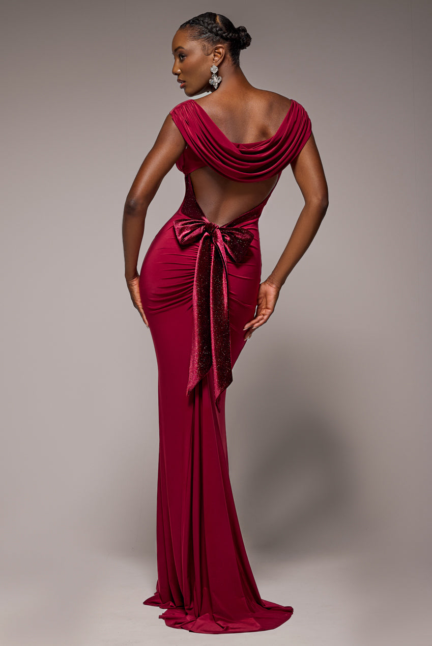 Open Back Cowl Neck Gathered Maxi Dress With Velvet Tie Back - Wine DR4856