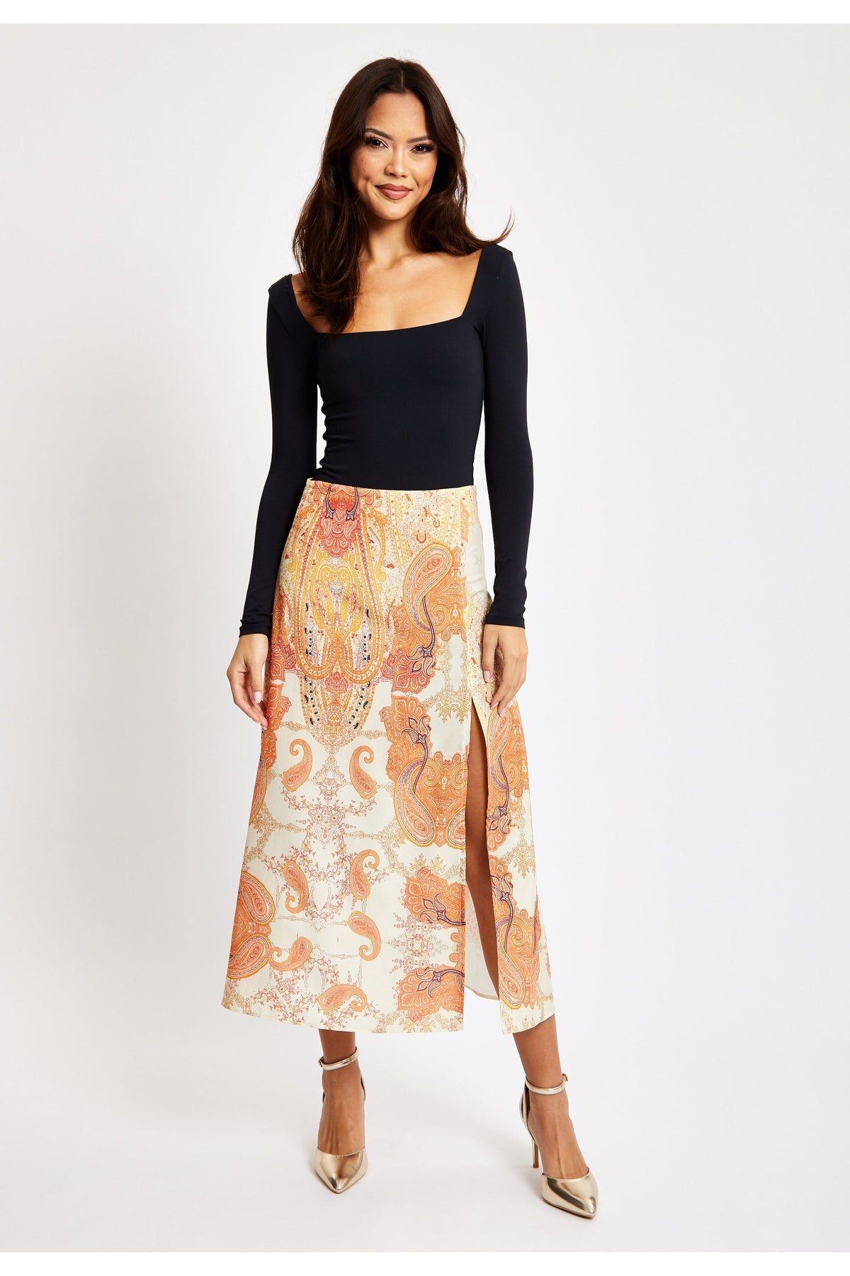 Abstract Print Midi Skirt In Orange LIQNEWSKIRT1