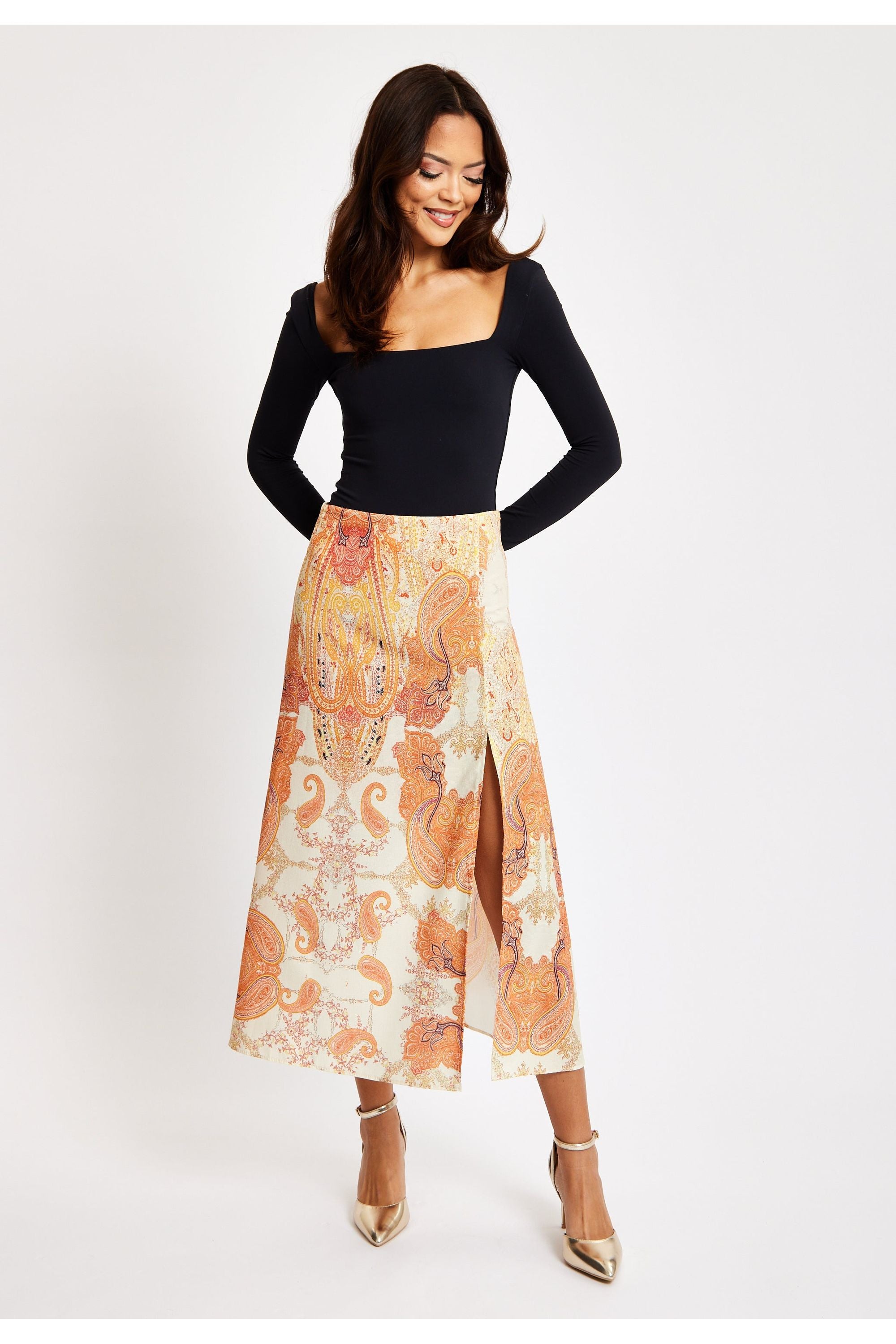 Abstract Print Midi Skirt In Orange LIQNEWSKIRT1