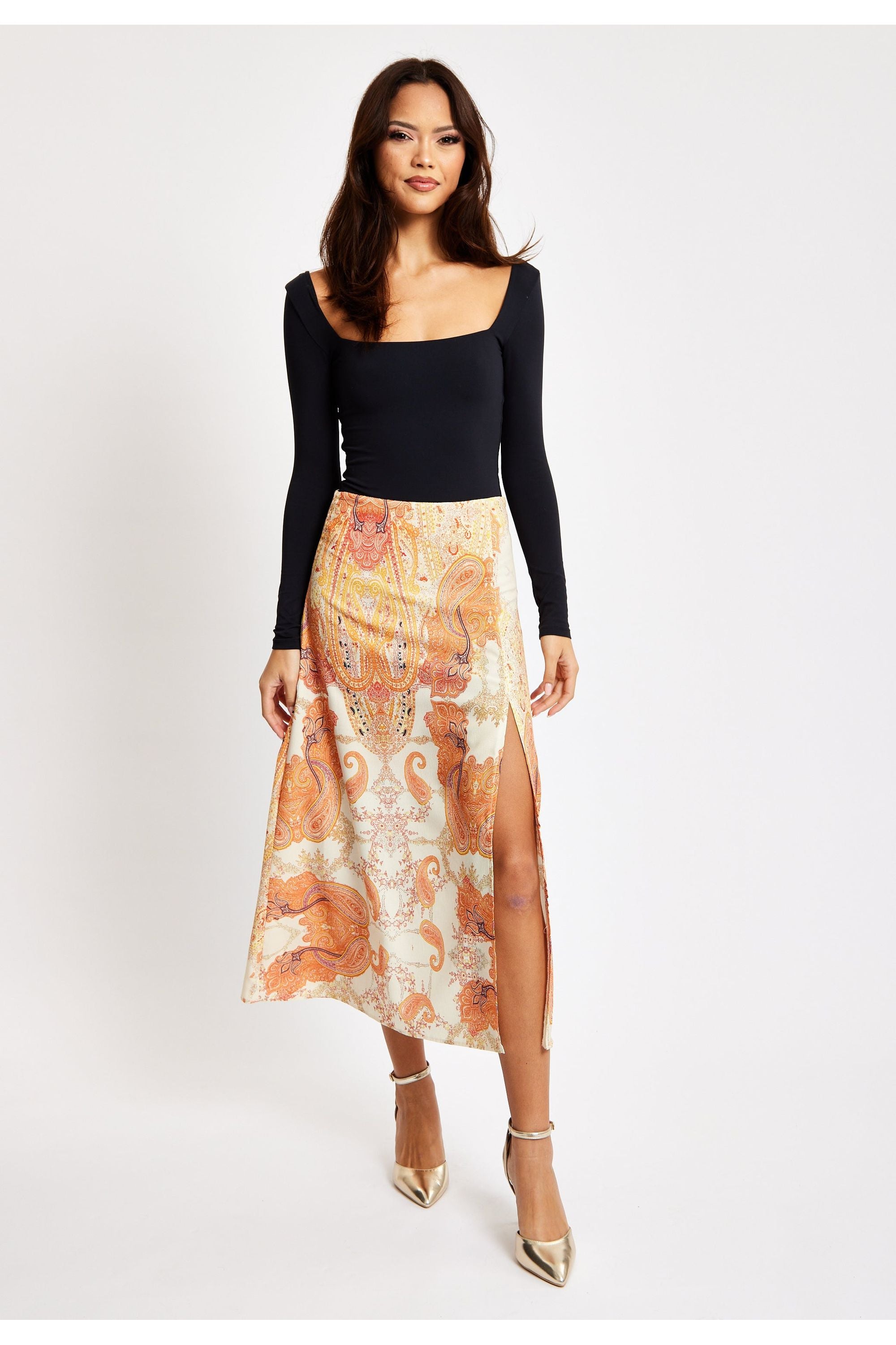 Abstract Print Midi Skirt In Orange LIQNEWSKIRT1