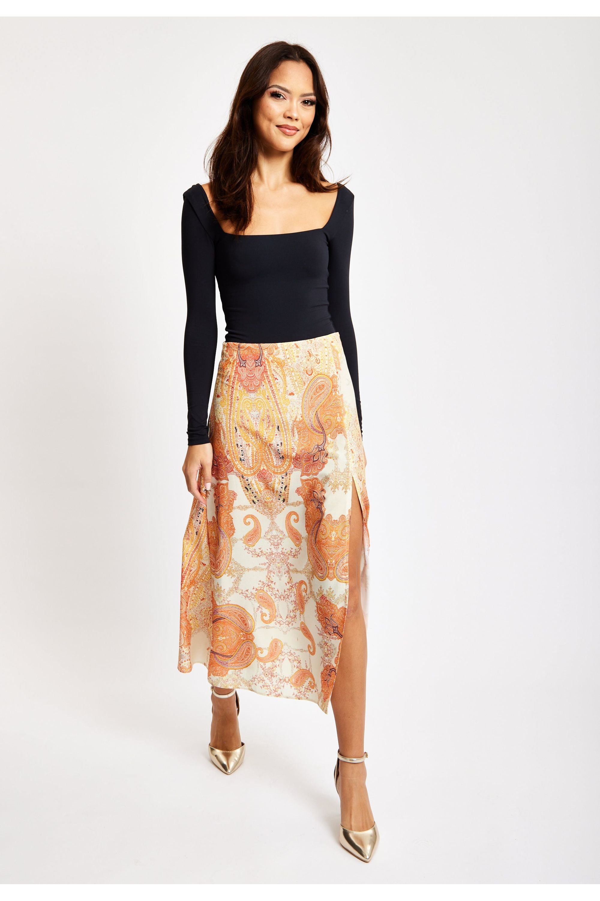 Abstract Print Midi Skirt In Orange LIQNEWSKIRT1