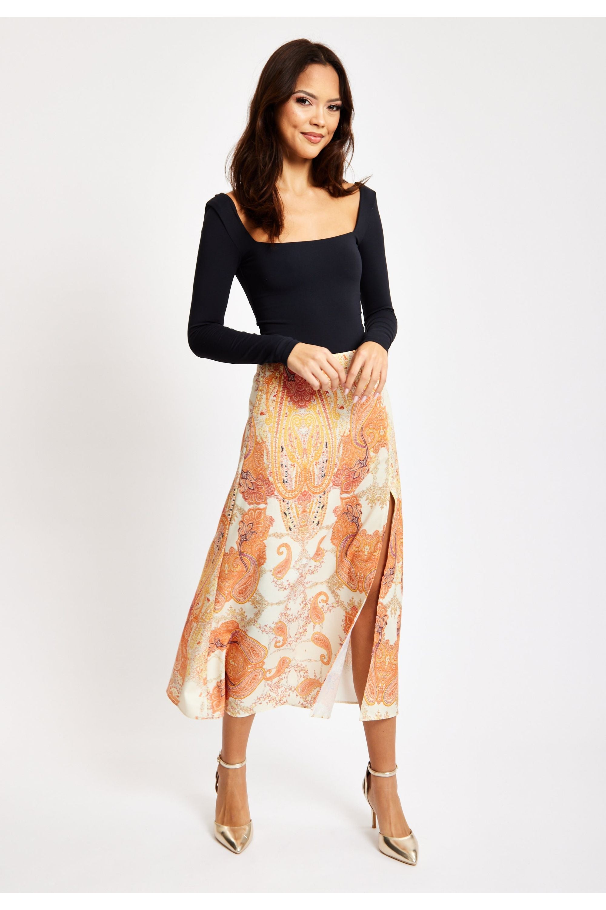 Abstract Print Midi Skirt In Orange LIQNEWSKIRT1