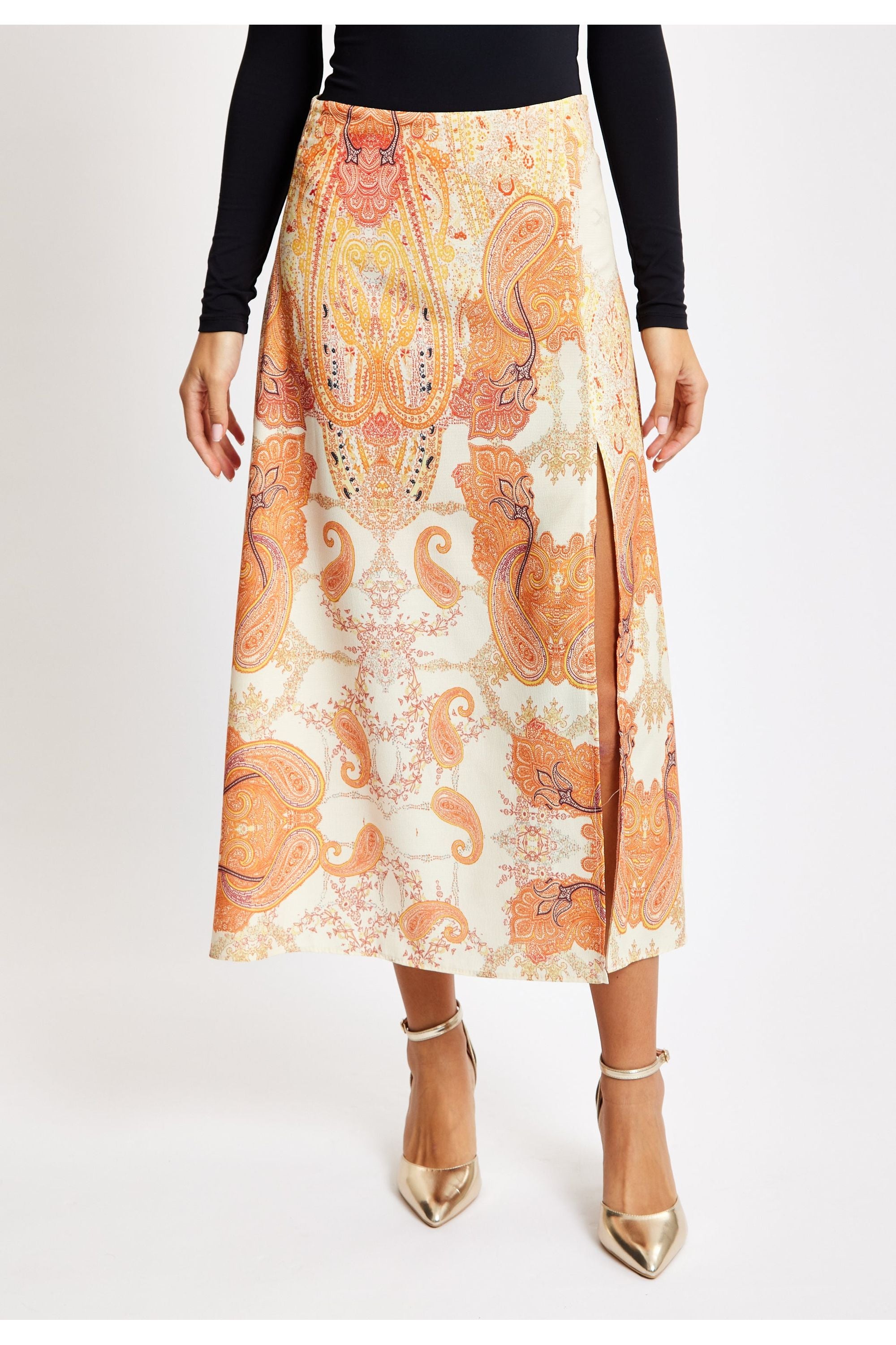 Abstract Print Midi Skirt In Orange LIQNEWSKIRT1