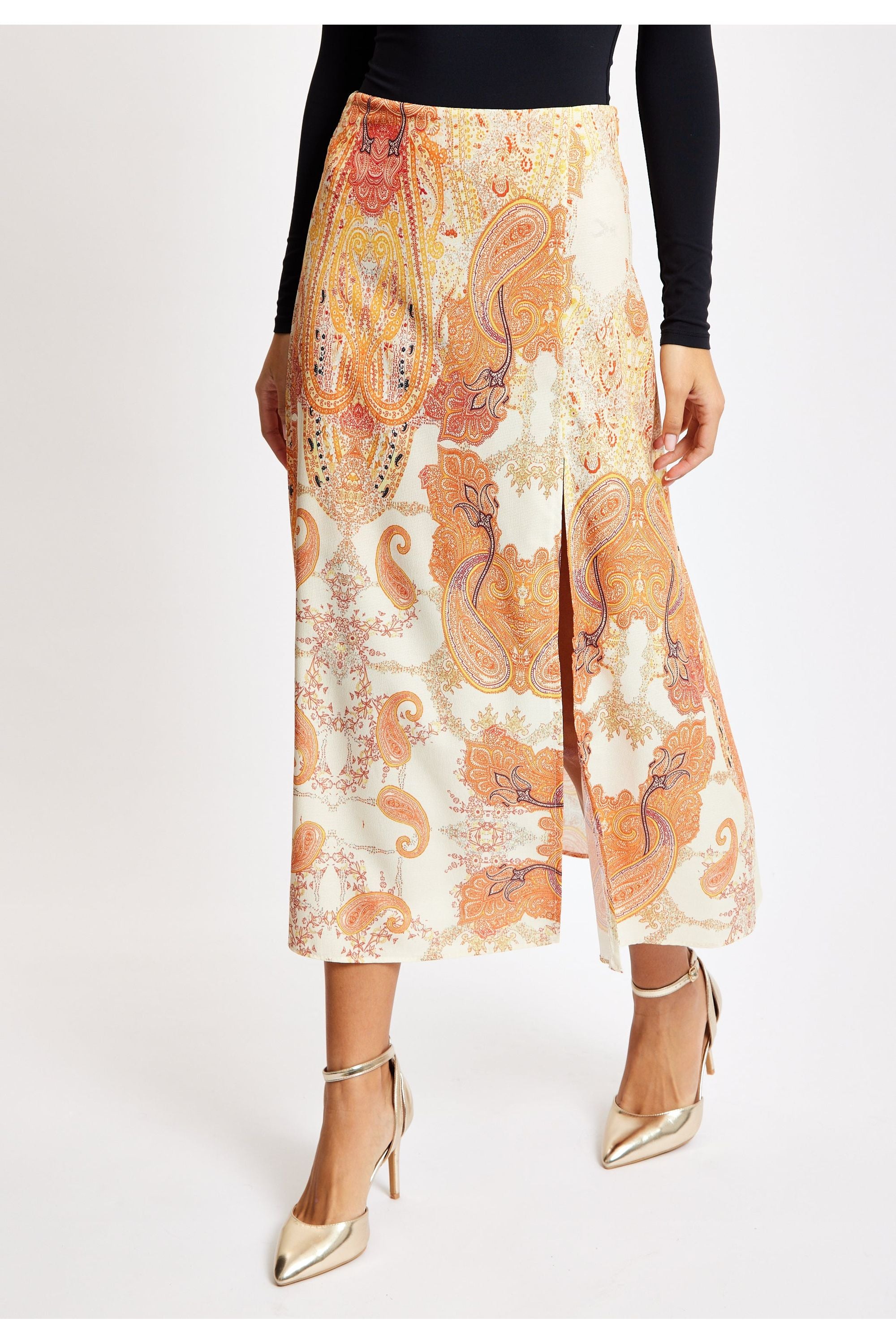 Abstract Print Midi Skirt In Orange LIQNEWSKIRT1