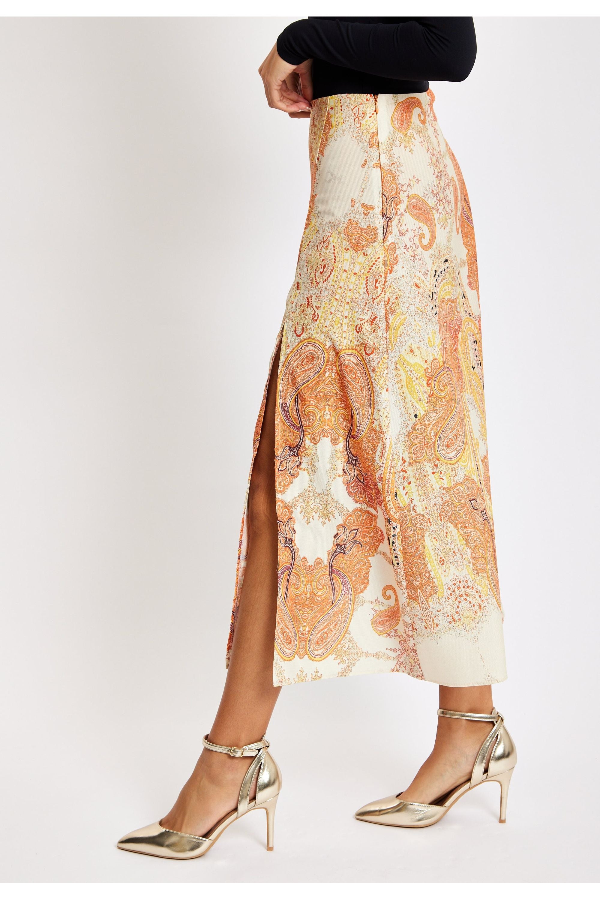 Abstract Print Midi Skirt In Orange LIQNEWSKIRT1