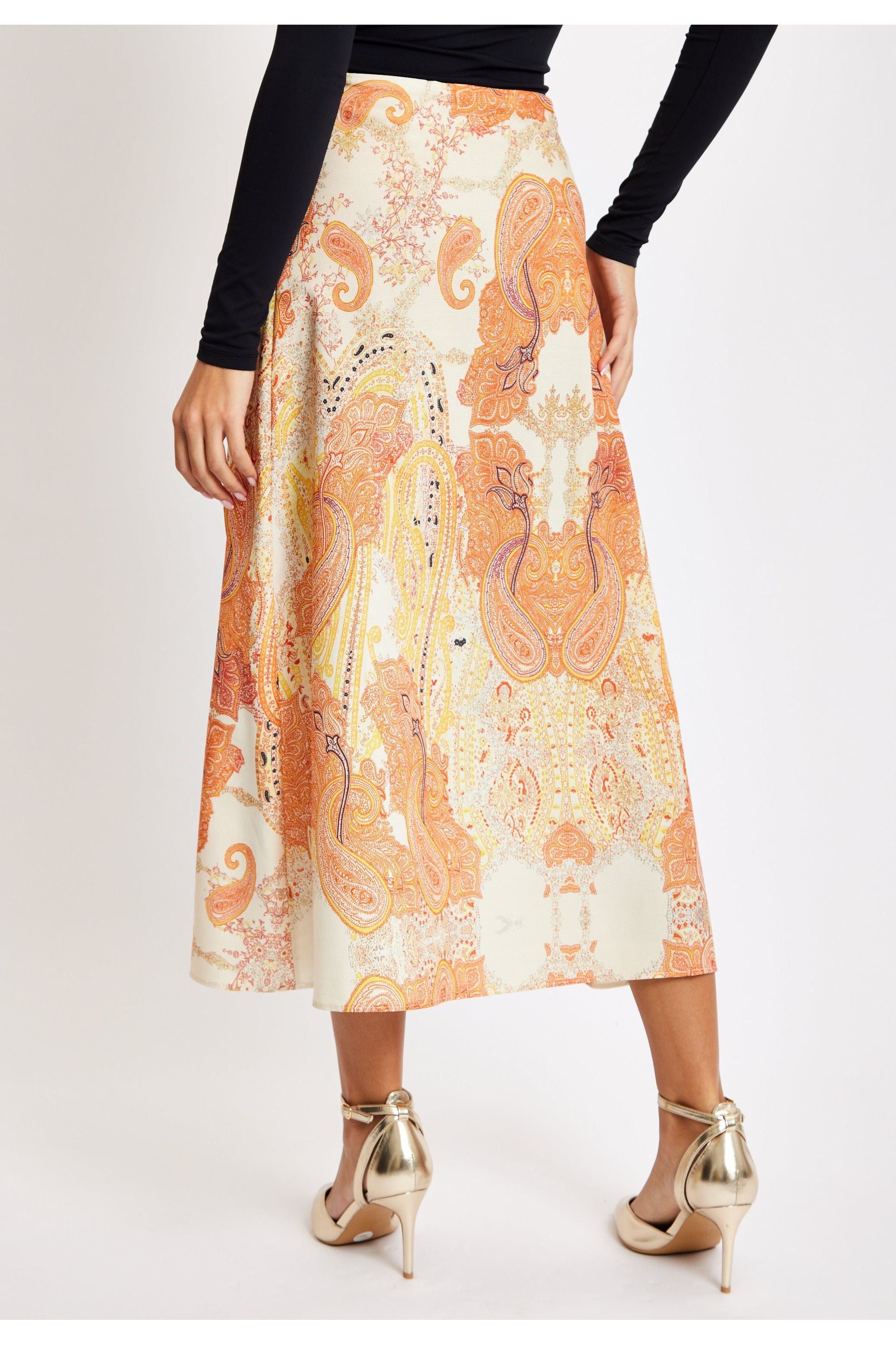 Abstract Print Midi Skirt In Orange LIQNEWSKIRT1