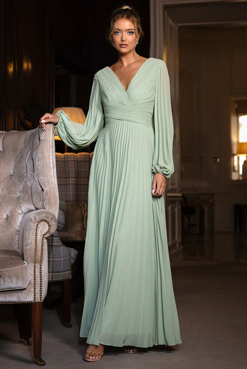 Balloon Sleeve Chiffon Maxi Dress  - Sage Green DR3041QZ
