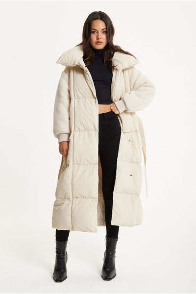 White - Cream Longline Belted Puffer Coat by Liquorish