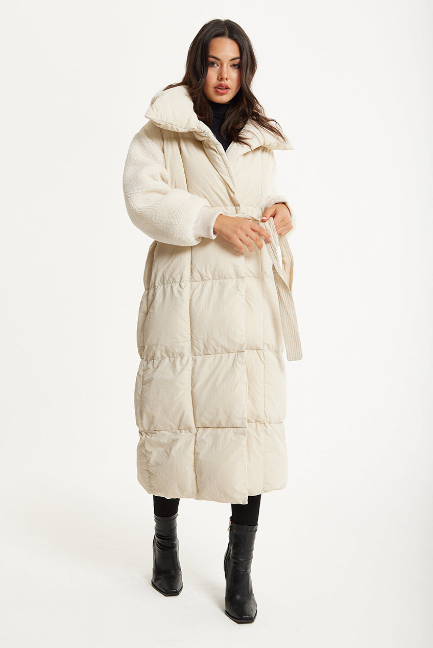 Cream Longline Belted Puffer Coat 25AW-01002