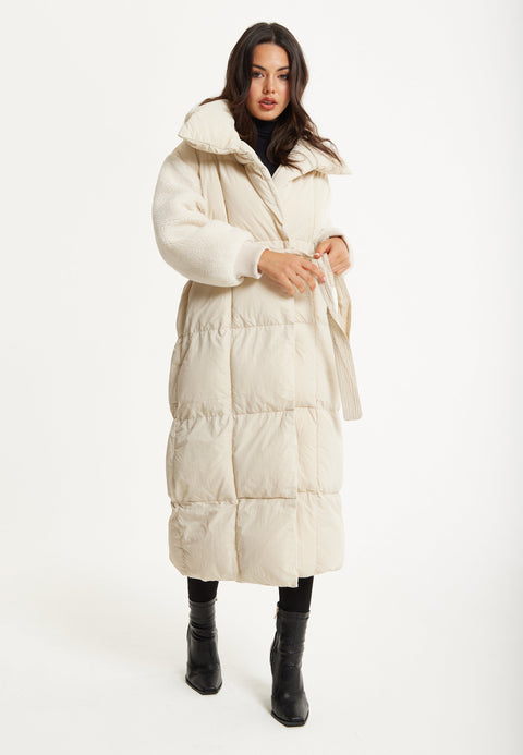 Cream Longline Belted Puffer Coat by Liquorish