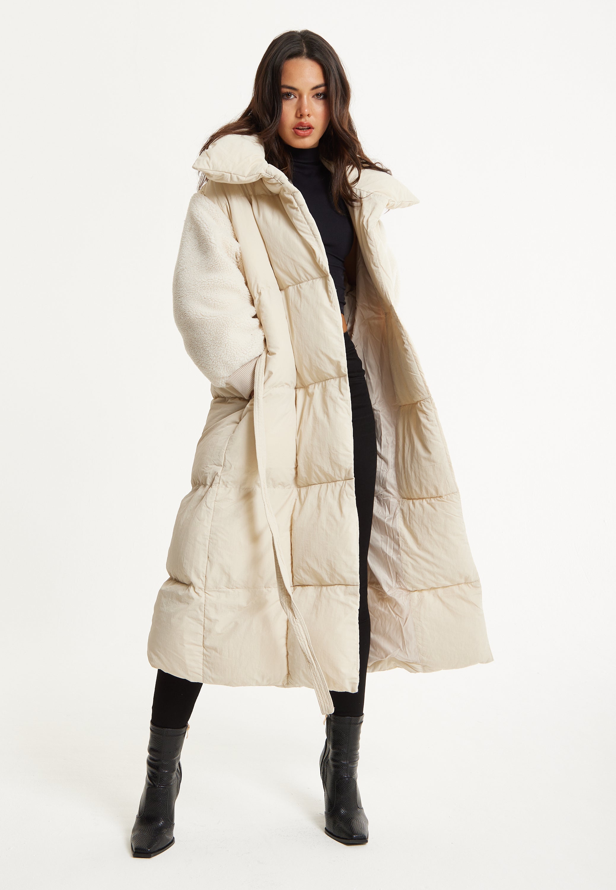 Cream Longline Belted Puffer Coat 25AW-01002