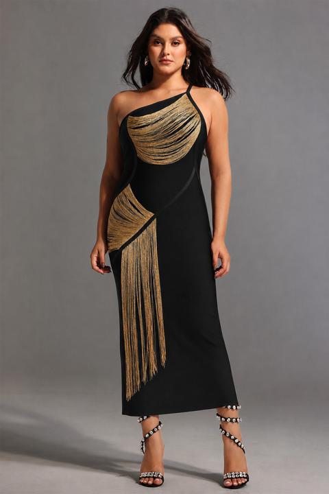 Roanna One Shoulder Sleeveless Golden Tassels Bandage Maxi Dress by Bella Barnett