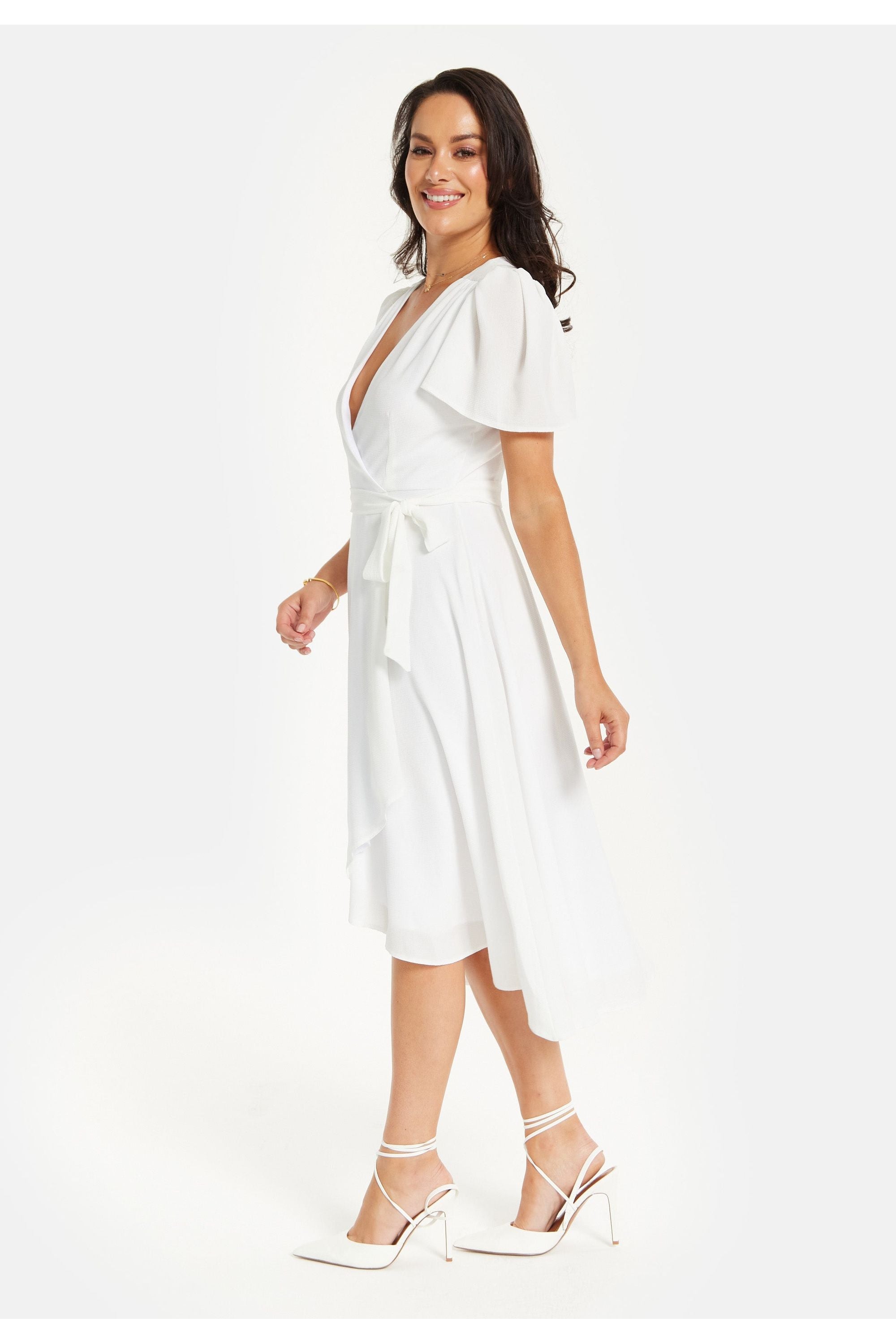 Crepe White Angel Sleeve Midi Wrap Dress In White SVL002002