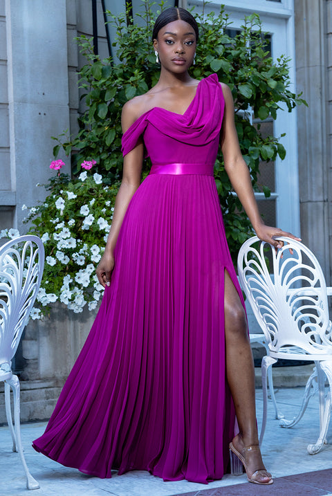 Goddiva Cowl Neck One Shoulder A-Line Chiffon Maxi Dress - Magenta