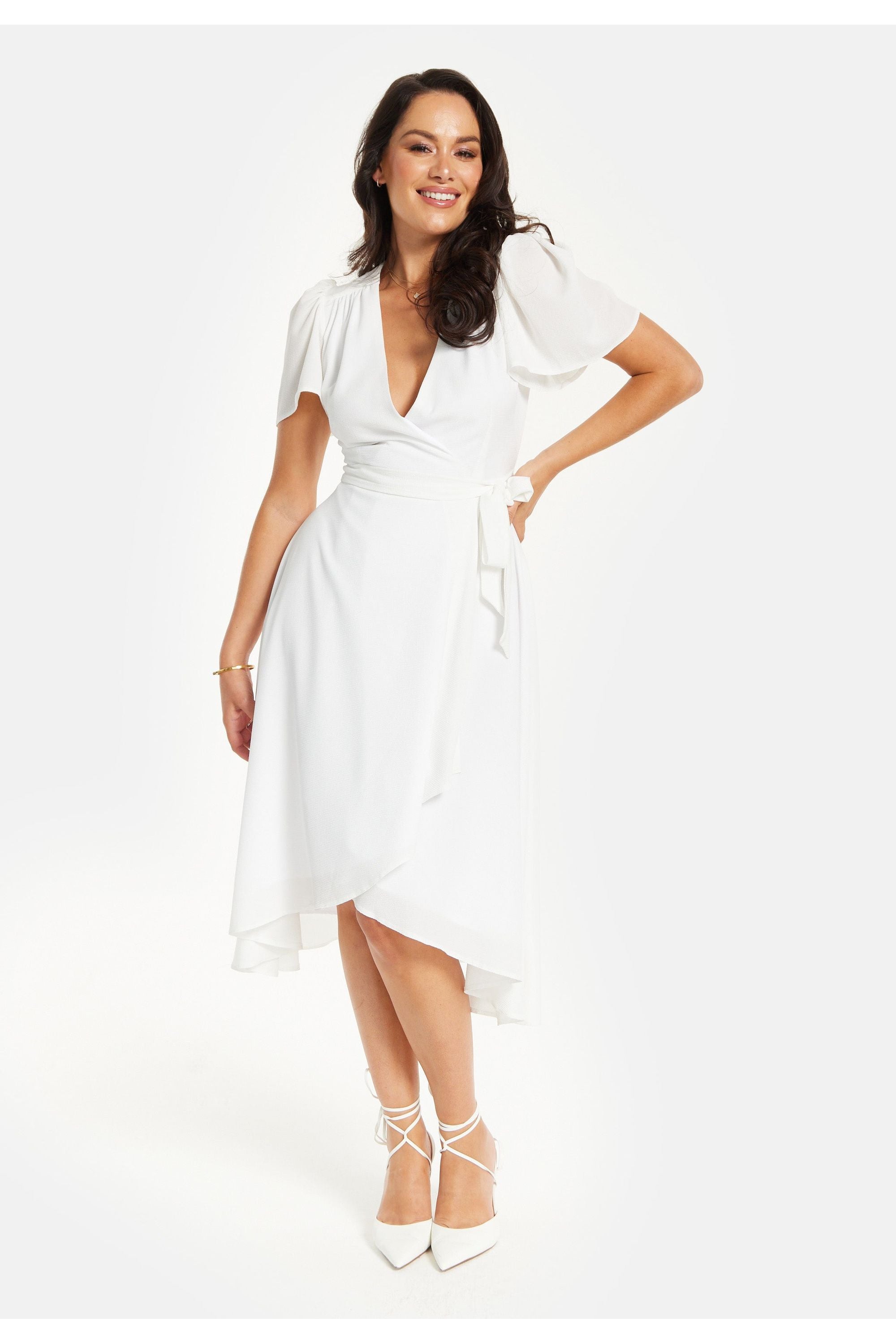 Crepe White Angel Sleeve Midi Wrap Dress In White SVL002002