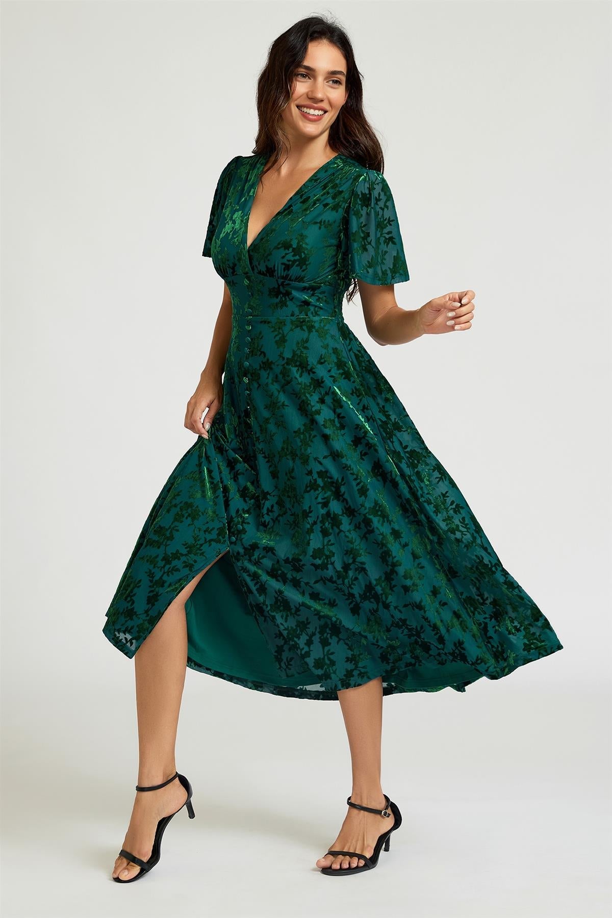 Floral Velvet Devore V Neckline Dress In Green FS909
