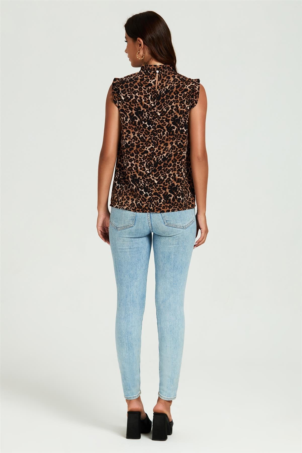 Leopard Print Frill Trim Sleeve Frill Neck Blouse Top In Brown FS816-Leopard