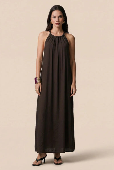 Khaki - Braided Neck Trim Maxi Dress Khaki by Urban Bliss