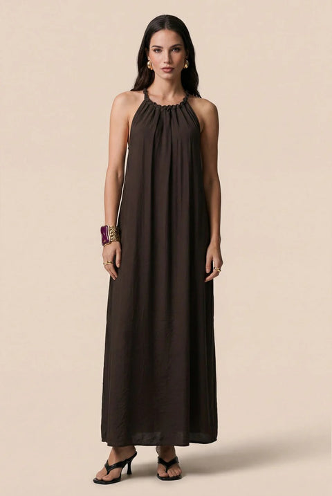 Braided Neck Trim Maxi Dress Khaki by Urban Bliss