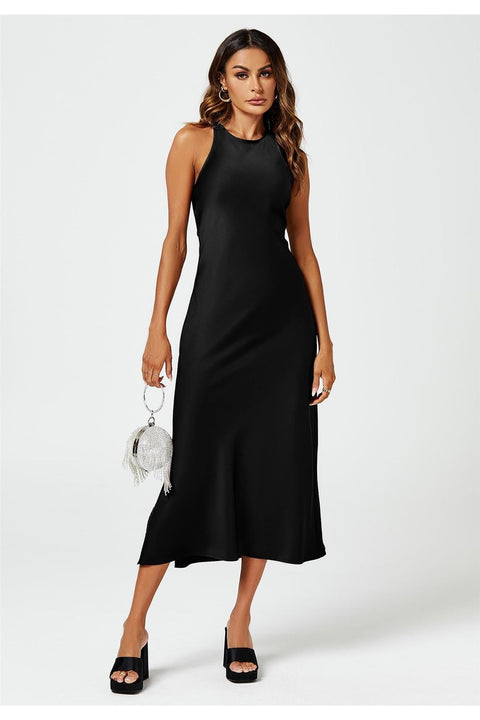 Slim Fit Satin Midi Dress In Black FS615