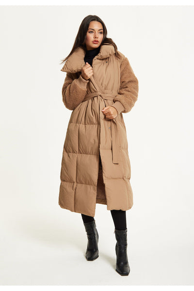 Camel - Camel Longline Belted Puffer Coat by Liquorish