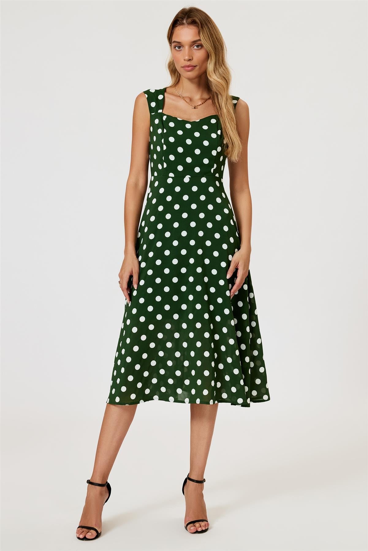 Polka Dot Print Heart Neck Midi Green FS887
