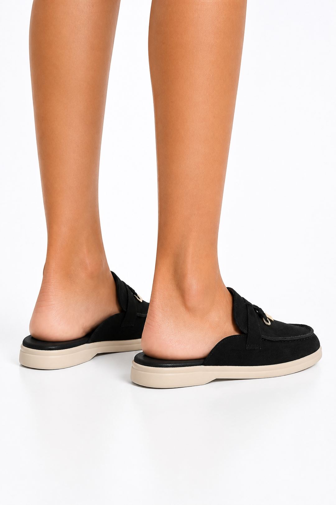 Adaloria Padlock Charm Backless Flat Loafers In Black White Sole PANTHER2-BLKWHTS