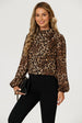 Leopard Print Foil Long Sleeve High Neck Top In Brown by FS Collection