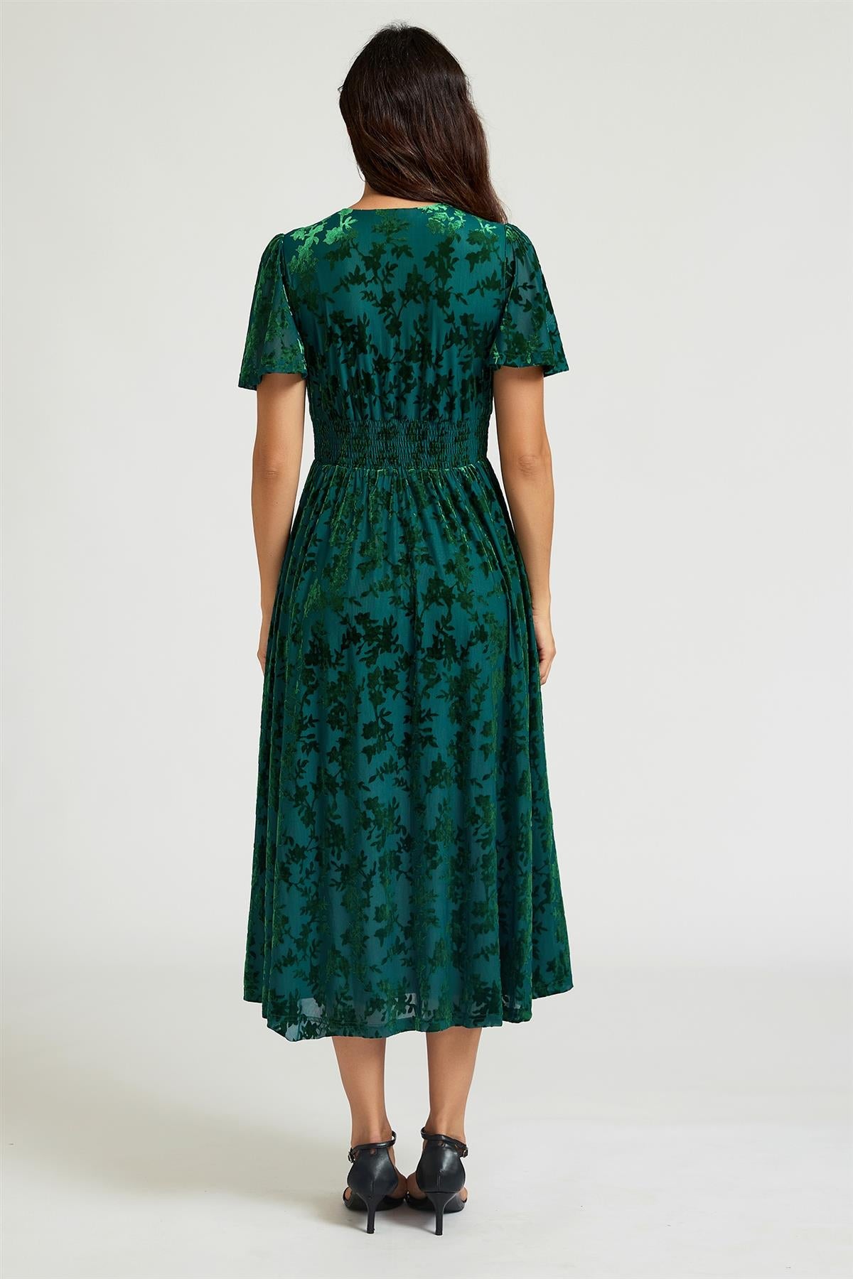 Floral Velvet Devore V Neckline Dress In Green FS909