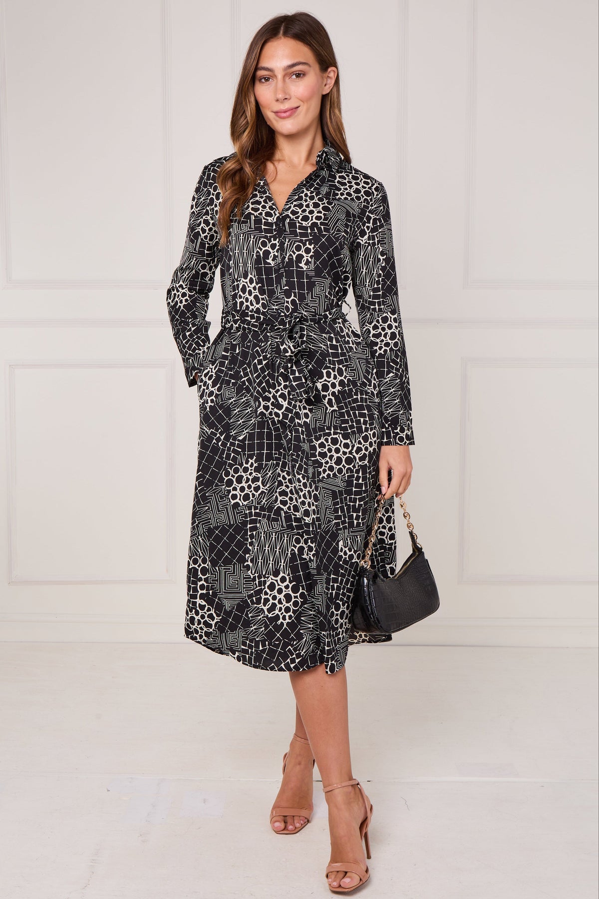 Black Modern Patchwork Geo Print Midi Shirt Dress LS-2156L-S58