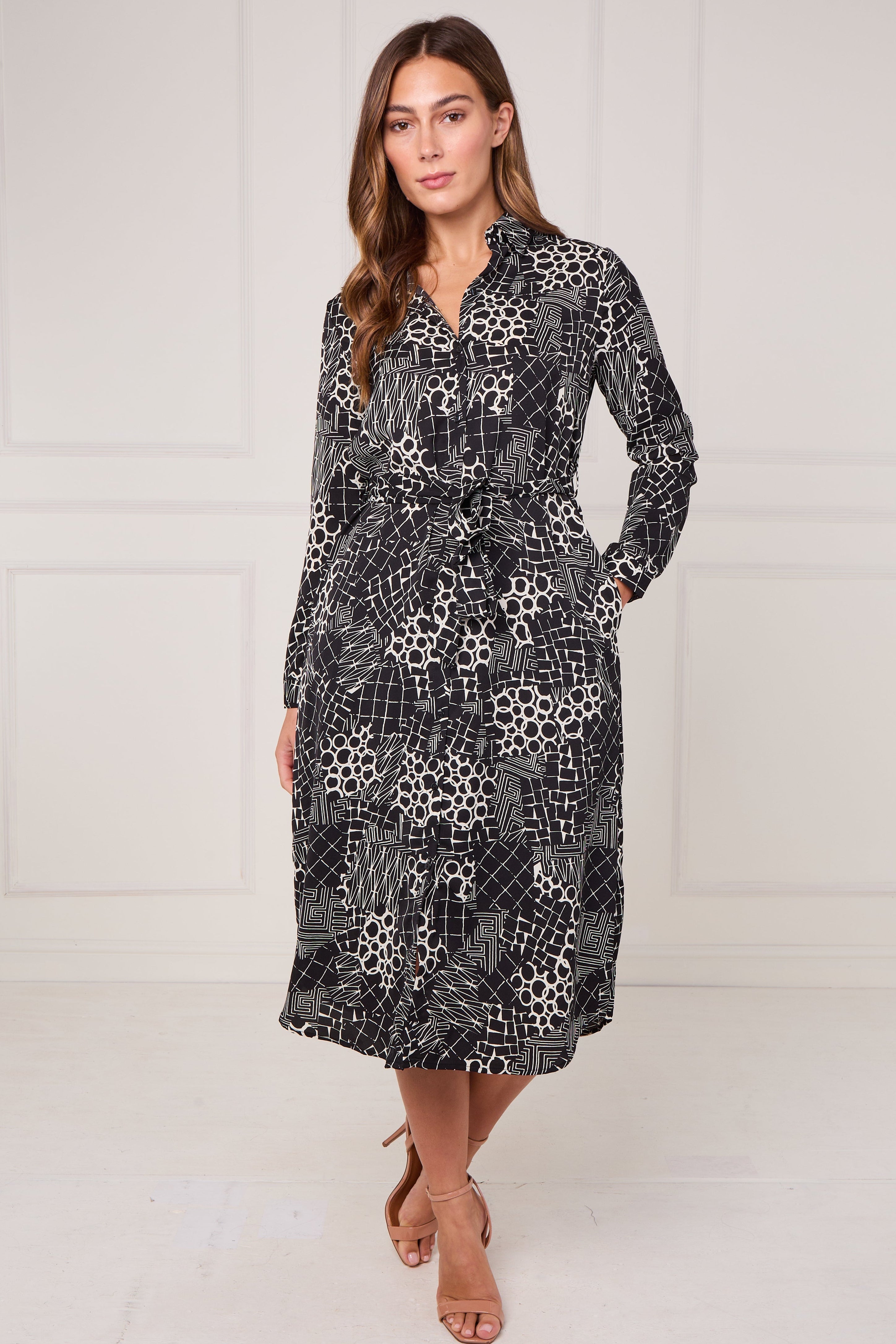 Black Modern Patchwork Geo Print Midi Shirt Dress LS-2156L-S58