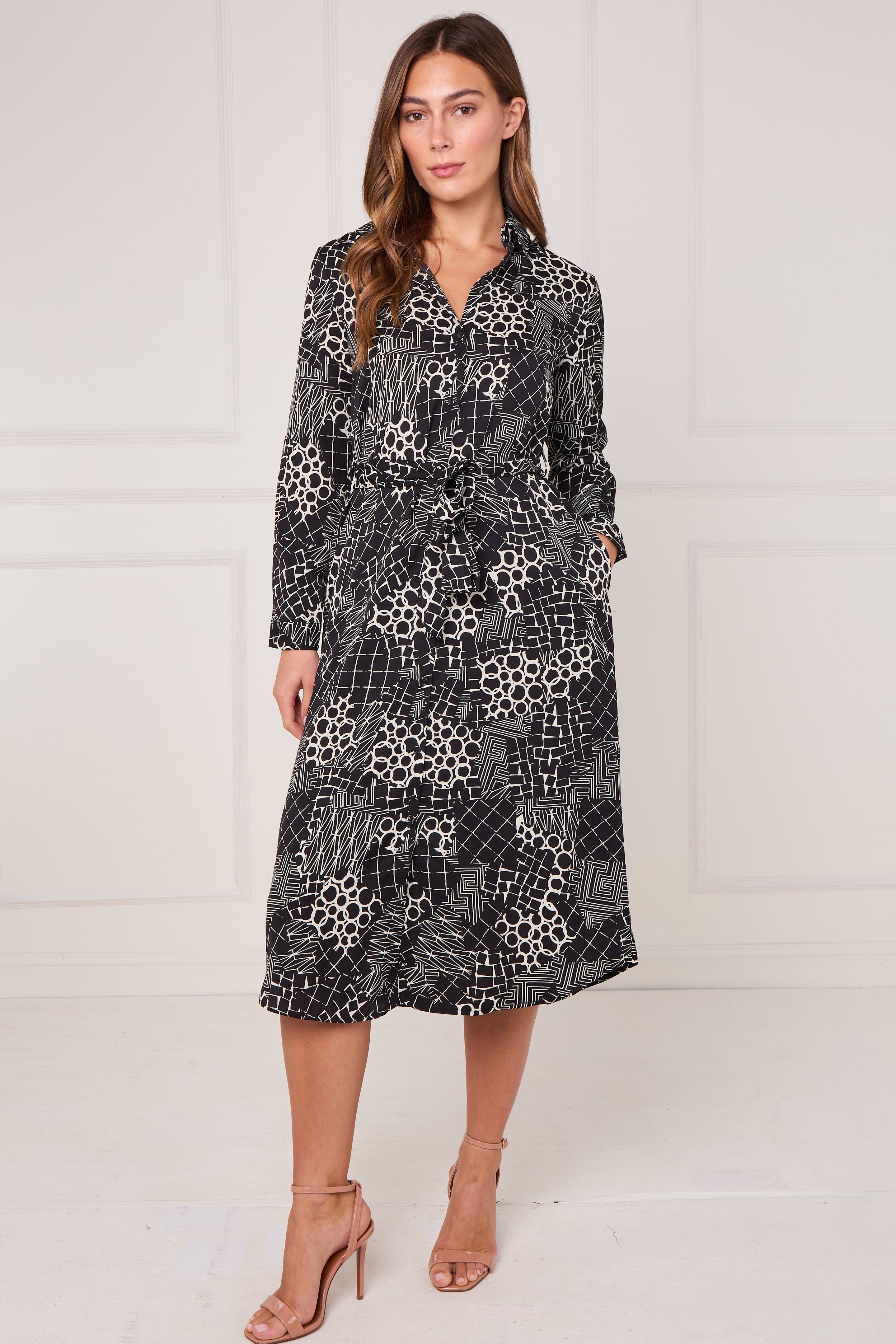 Black Modern Patchwork Geo Print Midi Shirt Dress LS-2156L-S58