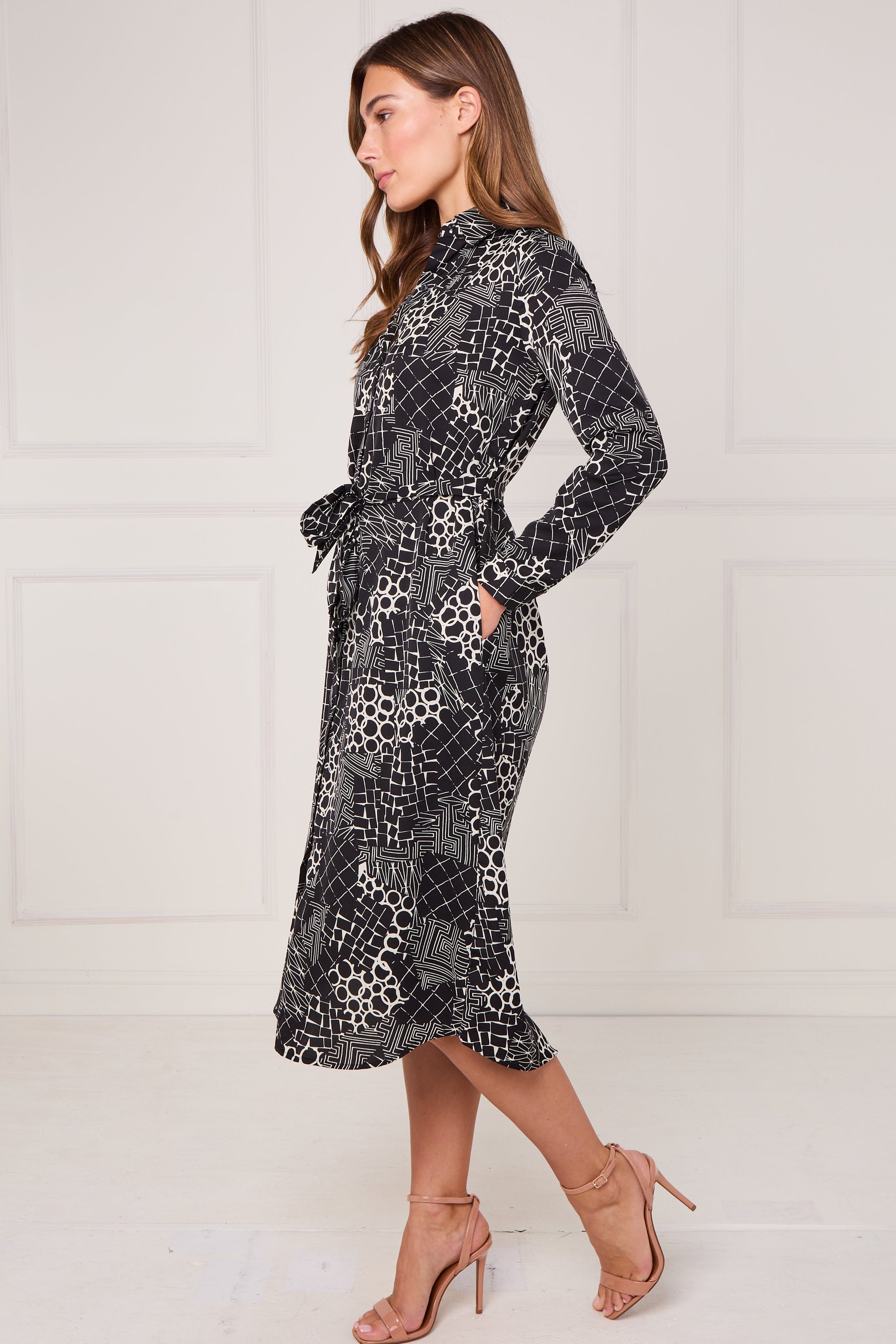Black Modern Patchwork Geo Print Midi Shirt Dress LS-2156L-S58