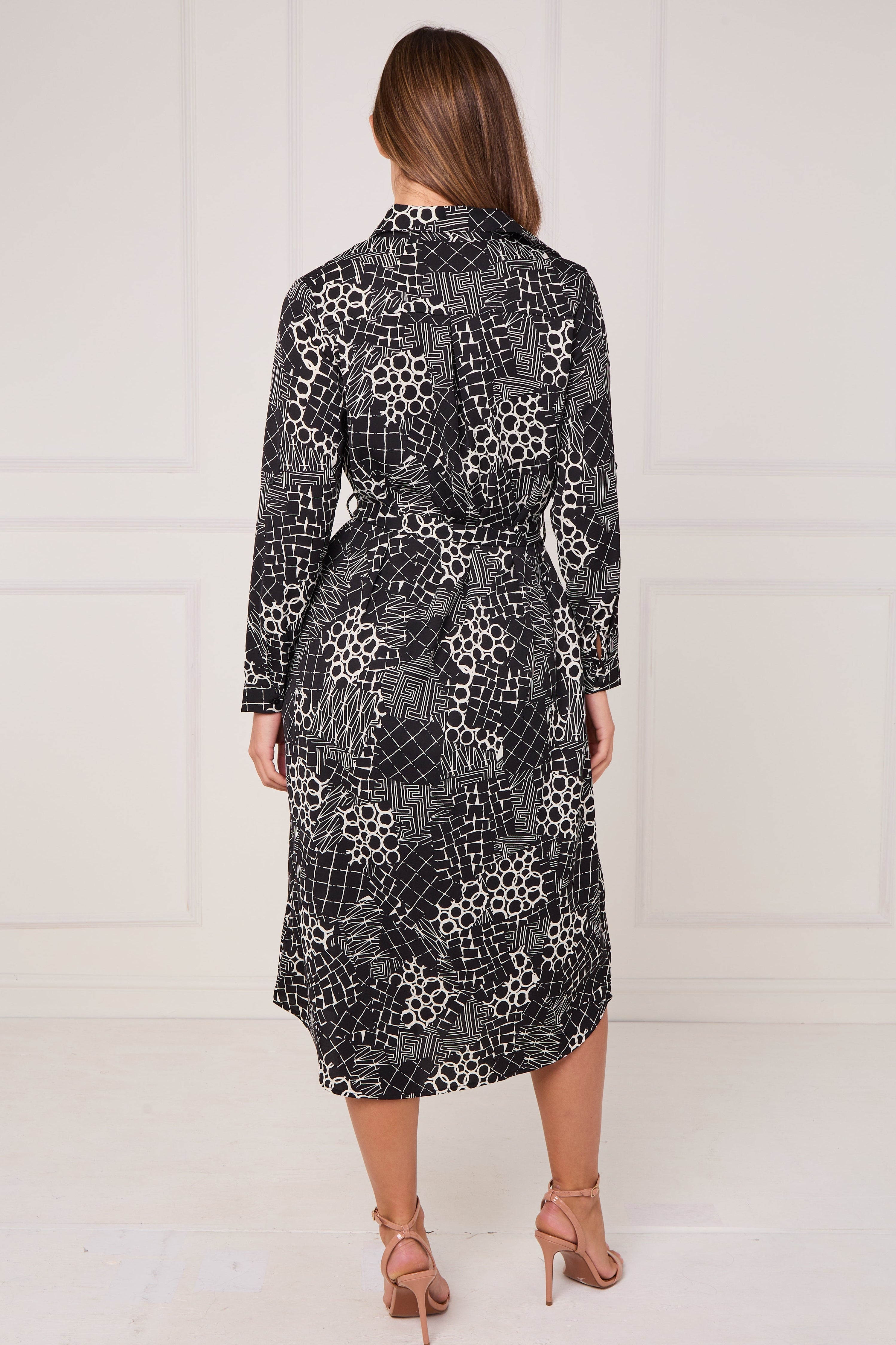 Black Modern Patchwork Geo Print Midi Shirt Dress LS-2156L-S58