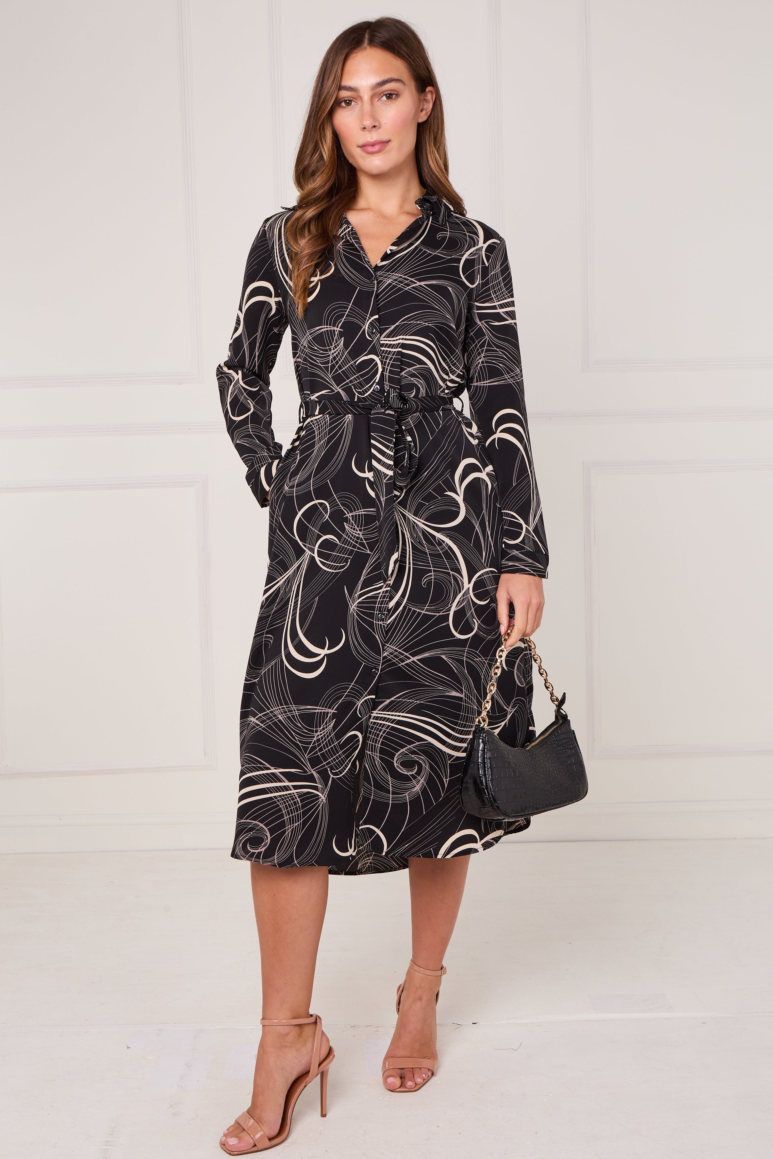 Black Abstract Swirl Print Midi Shirt Dress LS-2156L-S60