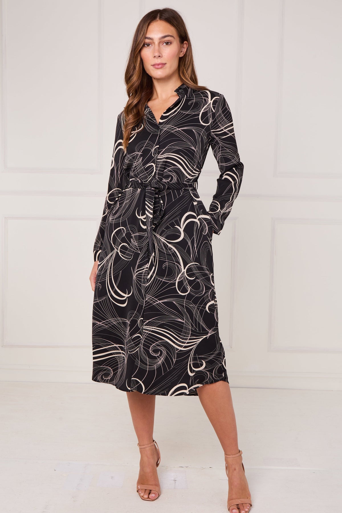 Black Abstract Swirl Print Midi Shirt Dress LS-2156L-S60