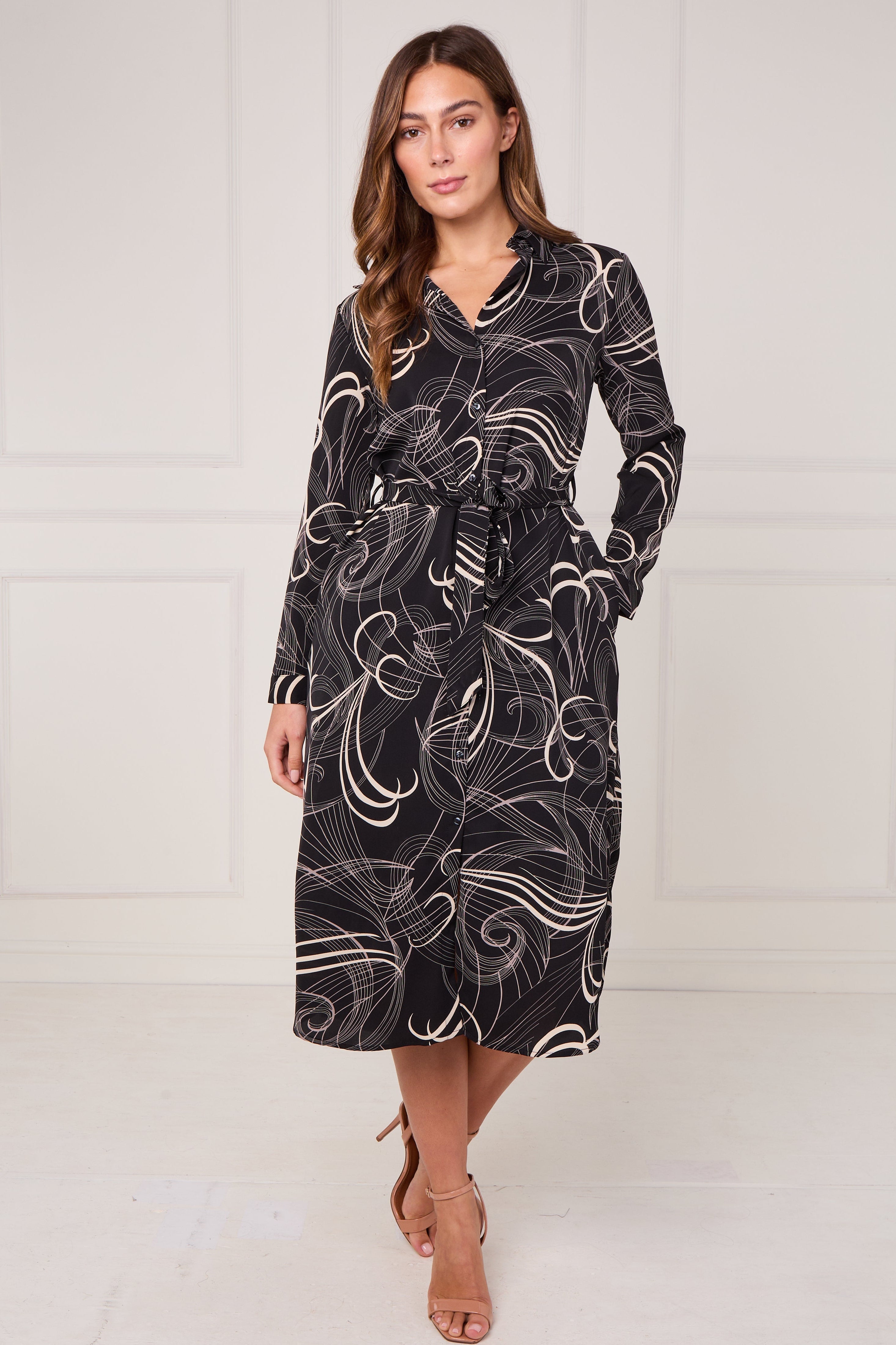 Black Abstract Swirl Print Midi Shirt Dress LS-2156L-S60