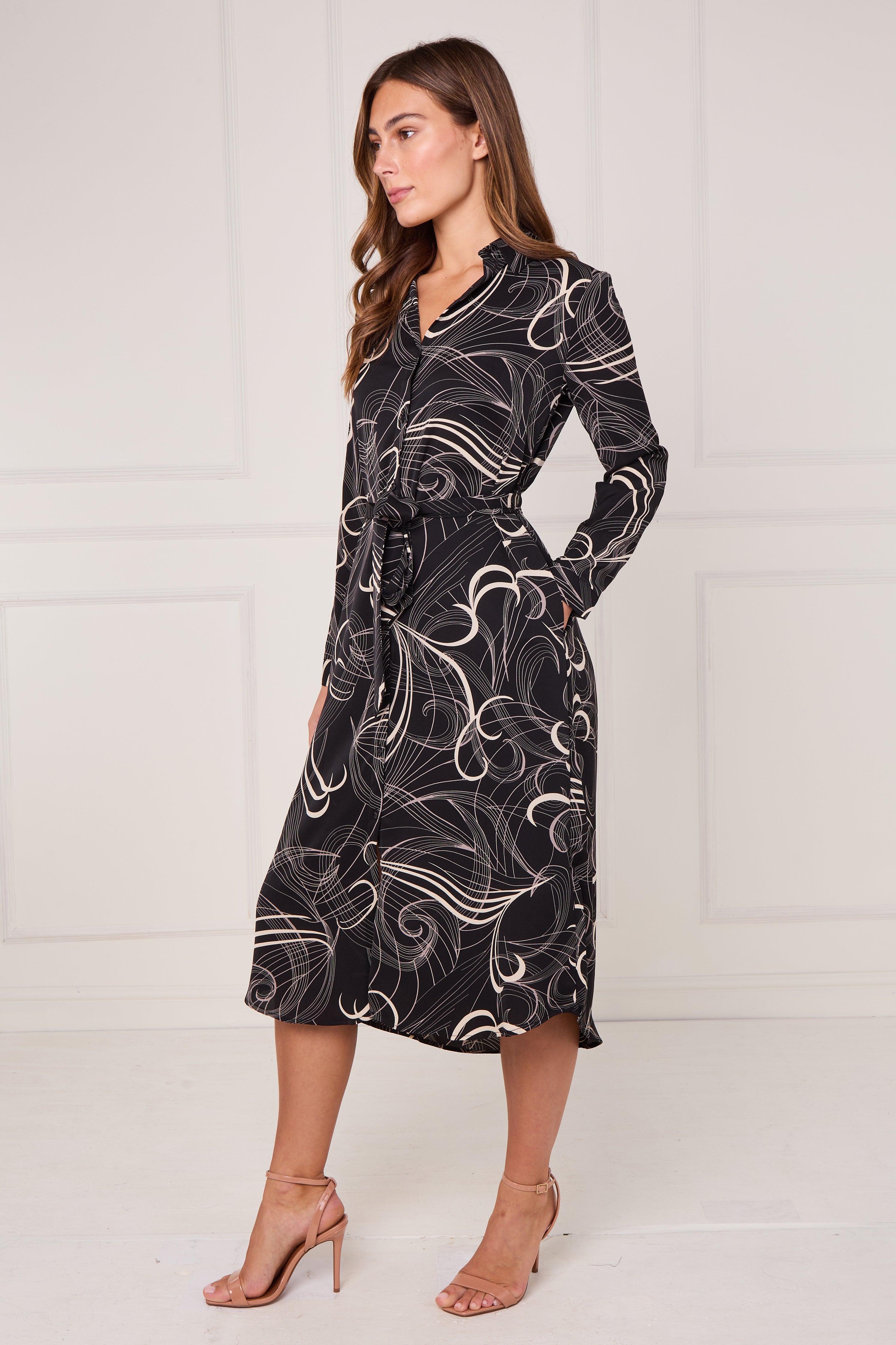 Black Abstract Swirl Print Midi Shirt Dress LS-2156L-S60