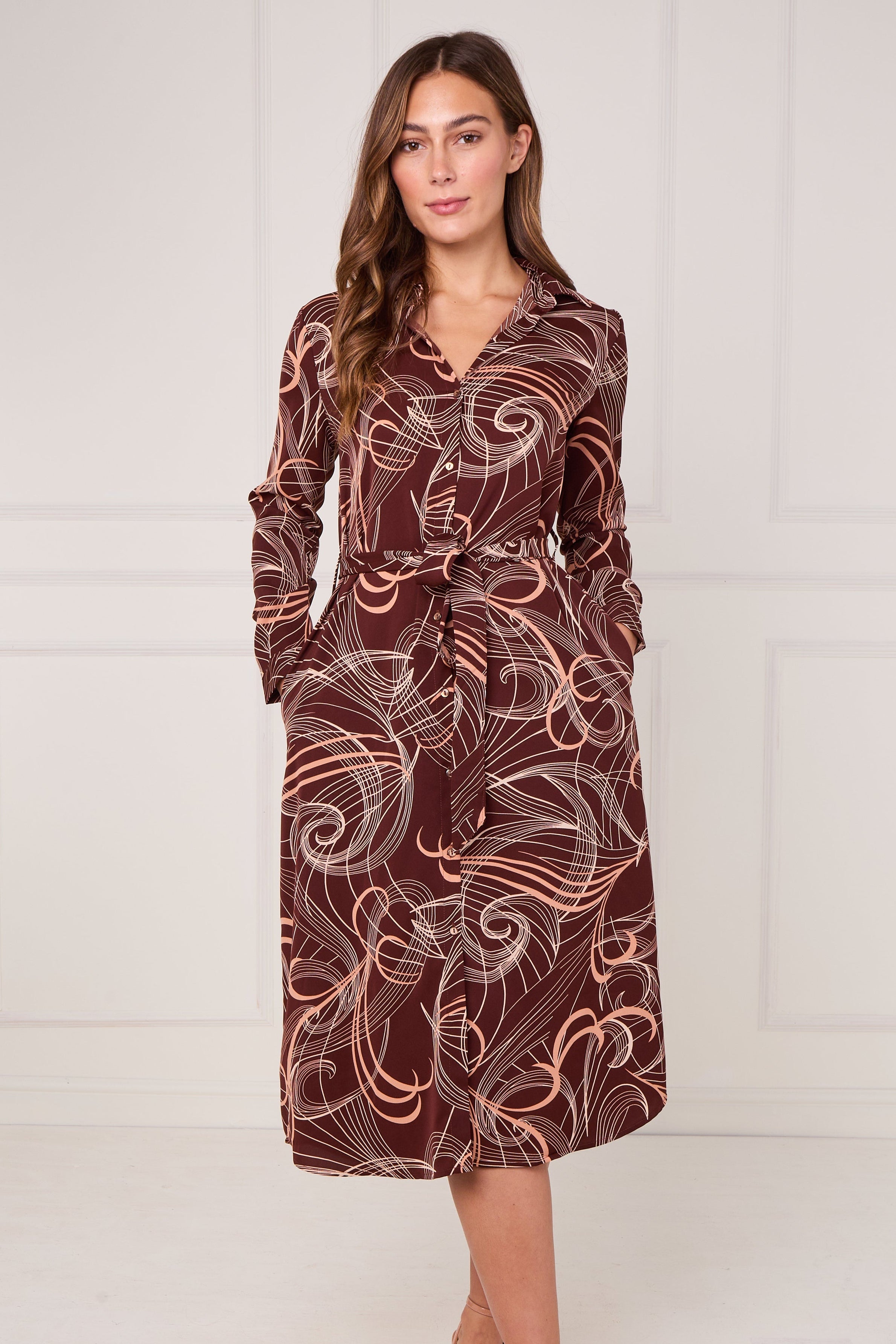 Chocolate Abstract Swirl Print Midi Shirt Dress LS-2156L-S61