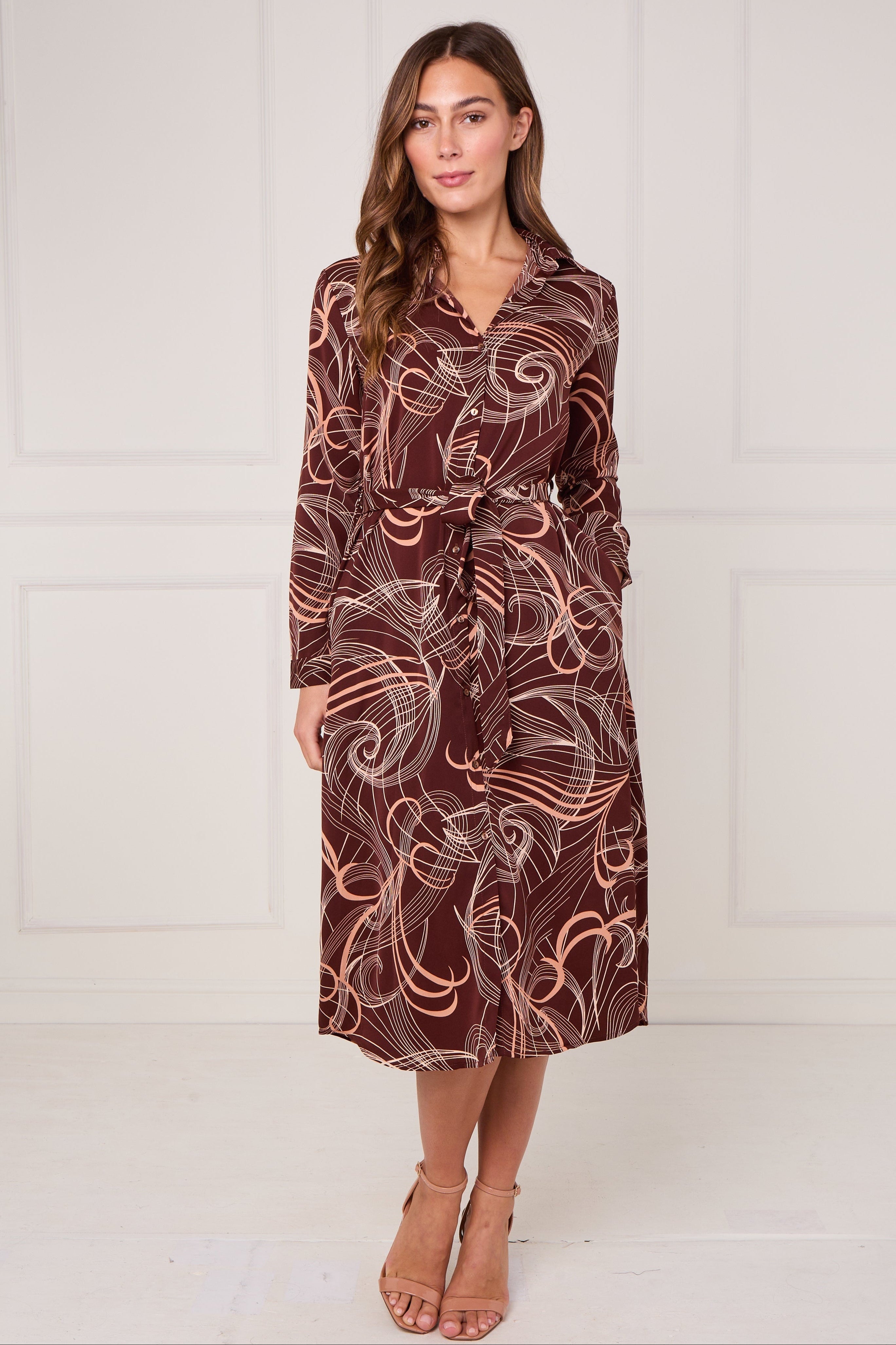 Chocolate Abstract Swirl Print Midi Shirt Dress LS-2156L-S61