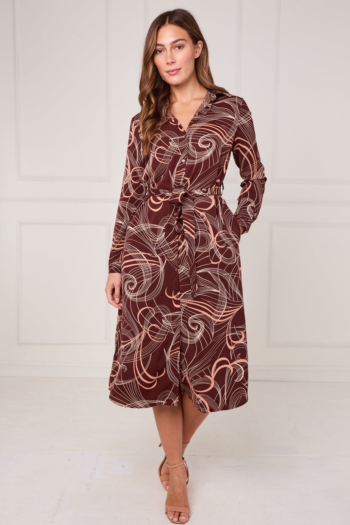 Chocolate Abstract Swirl Print Midi Shirt Dress LS-2156L-S61