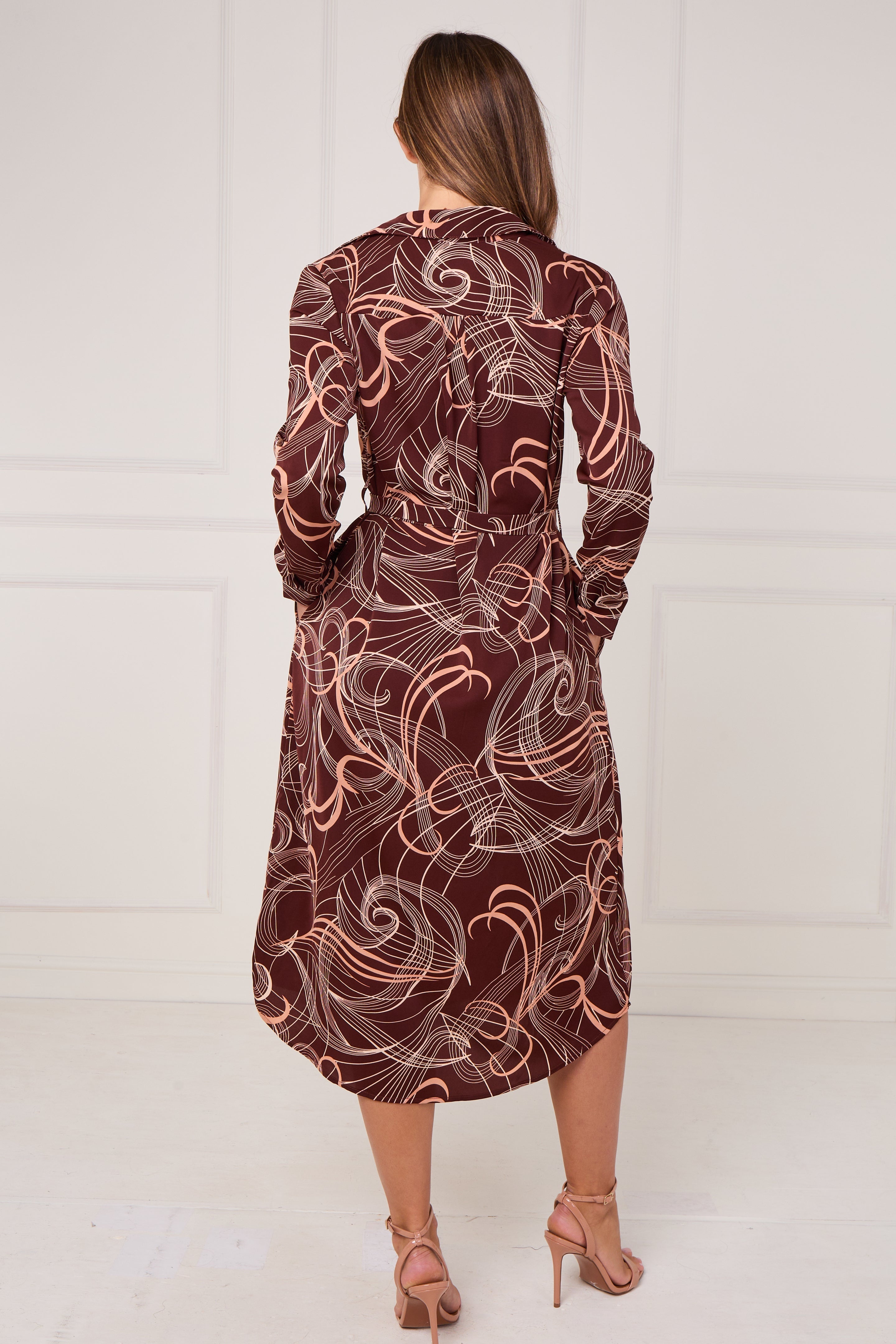 Chocolate Abstract Swirl Print Midi Shirt Dress LS-2156L-S61