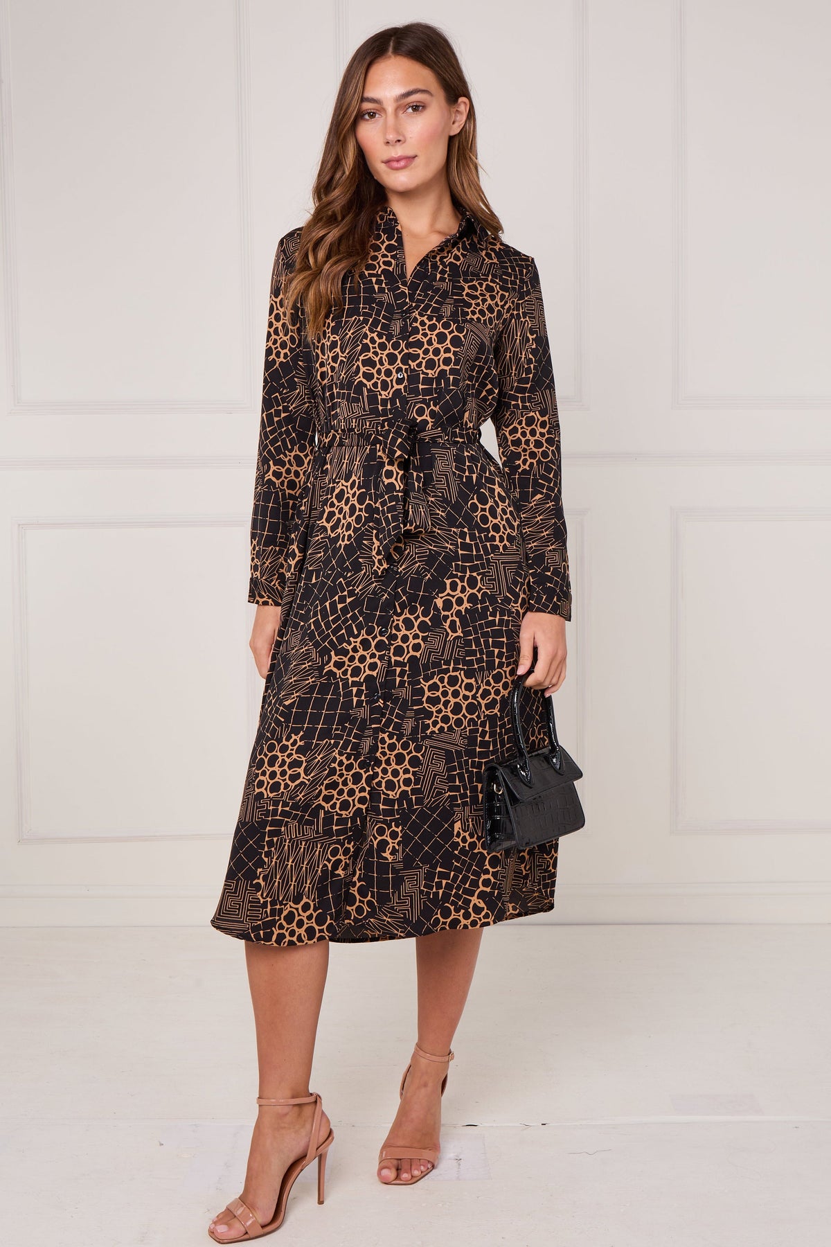 Caramel Modern Patchwork Geo Print Midi Shirt Dress LS-2156L-S59