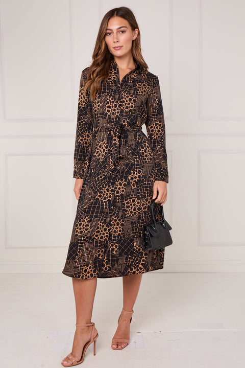 Caramel Modern Patchwork Geo Print Midi Shirt Dress by LOVE SUNSHINE