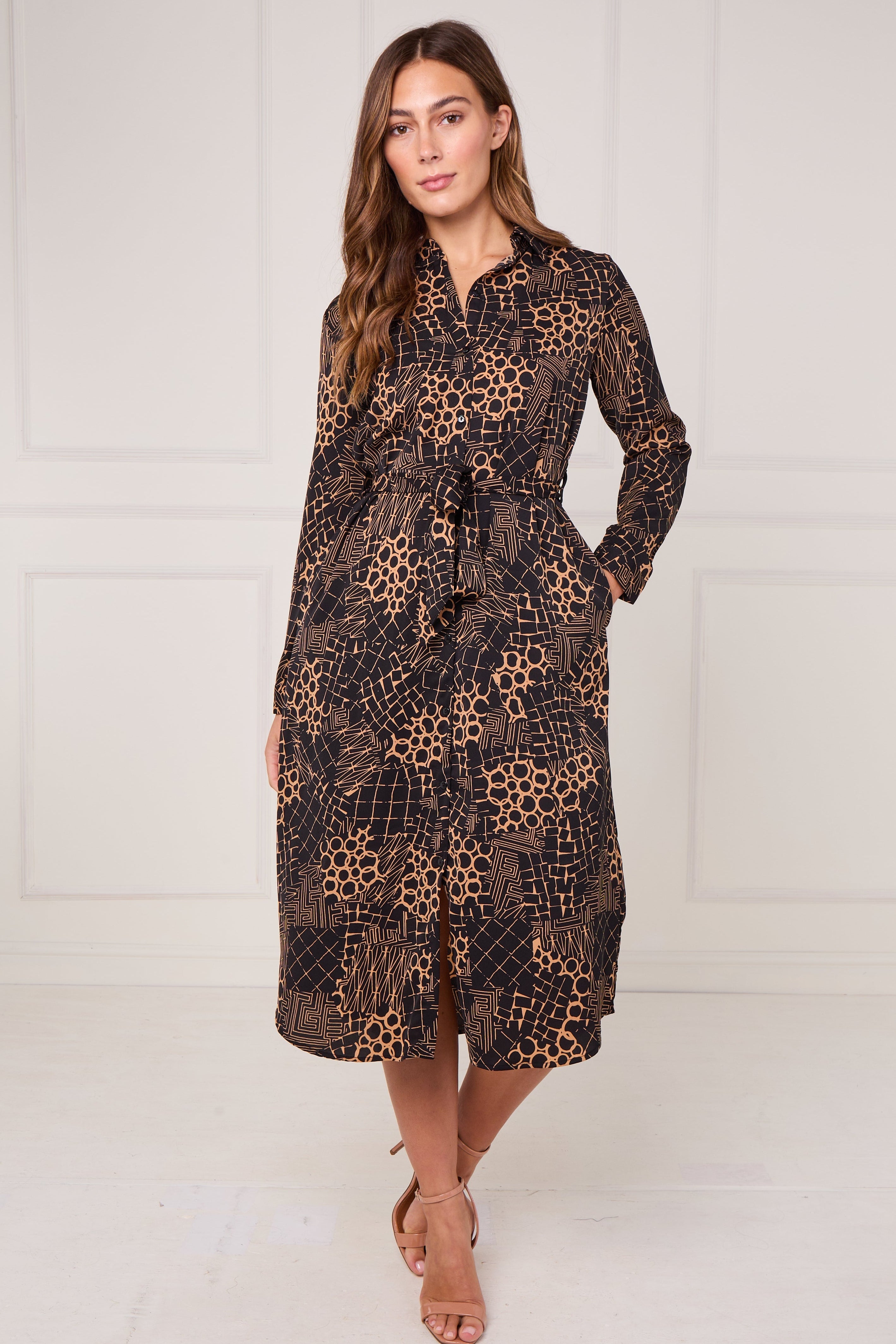 Caramel Modern Patchwork Geo Print Midi Shirt Dress LS-2156L-S59